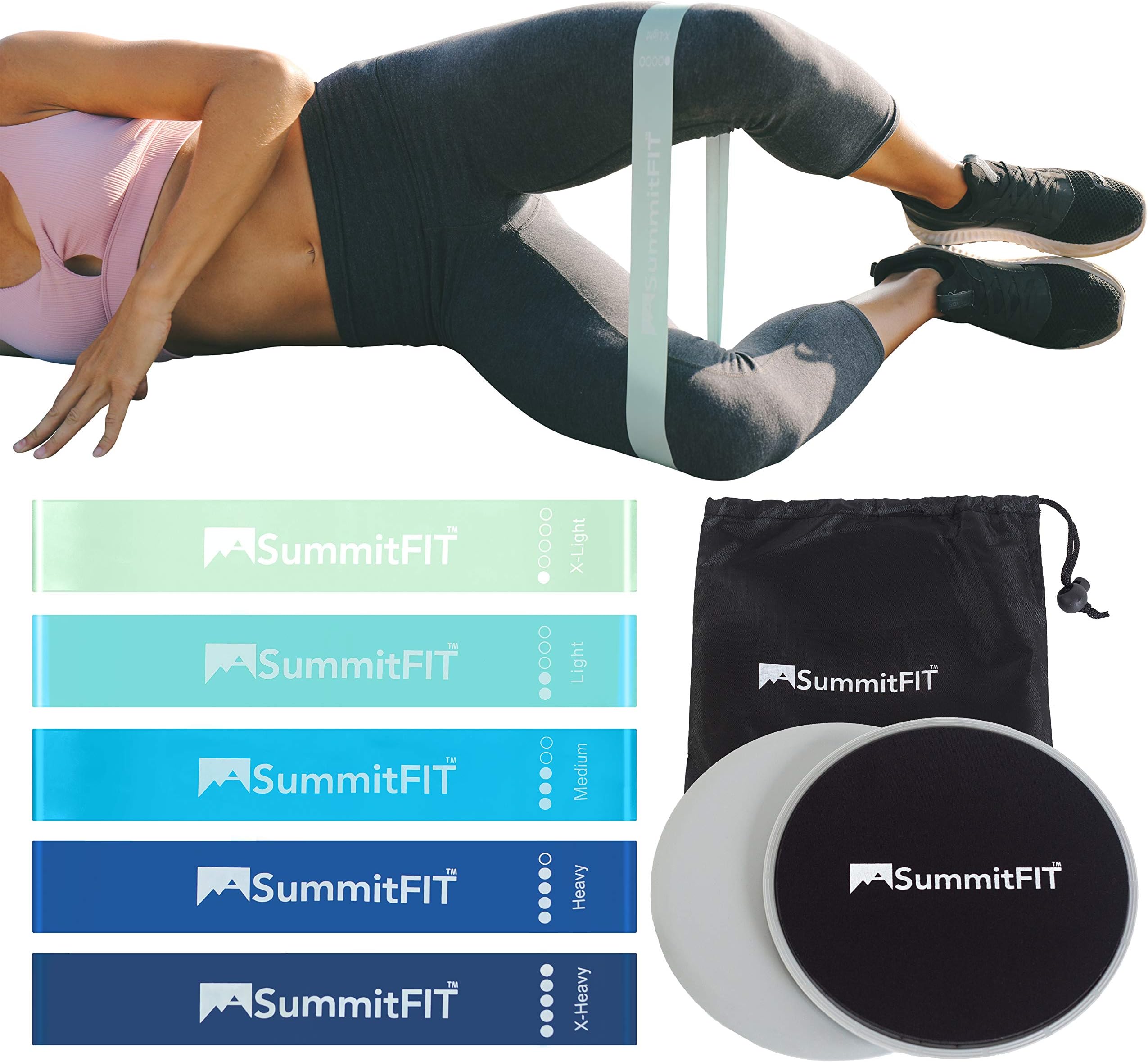 Core Sliders Mini Bands by SummitFIT Colorado - Legs and Butt (2) Dual Sided Gliding Discs Exercise Sliders (5) Blue Mint Latex Resistance Bands Set for Low-Impact Glute Abs Booty Building Strength