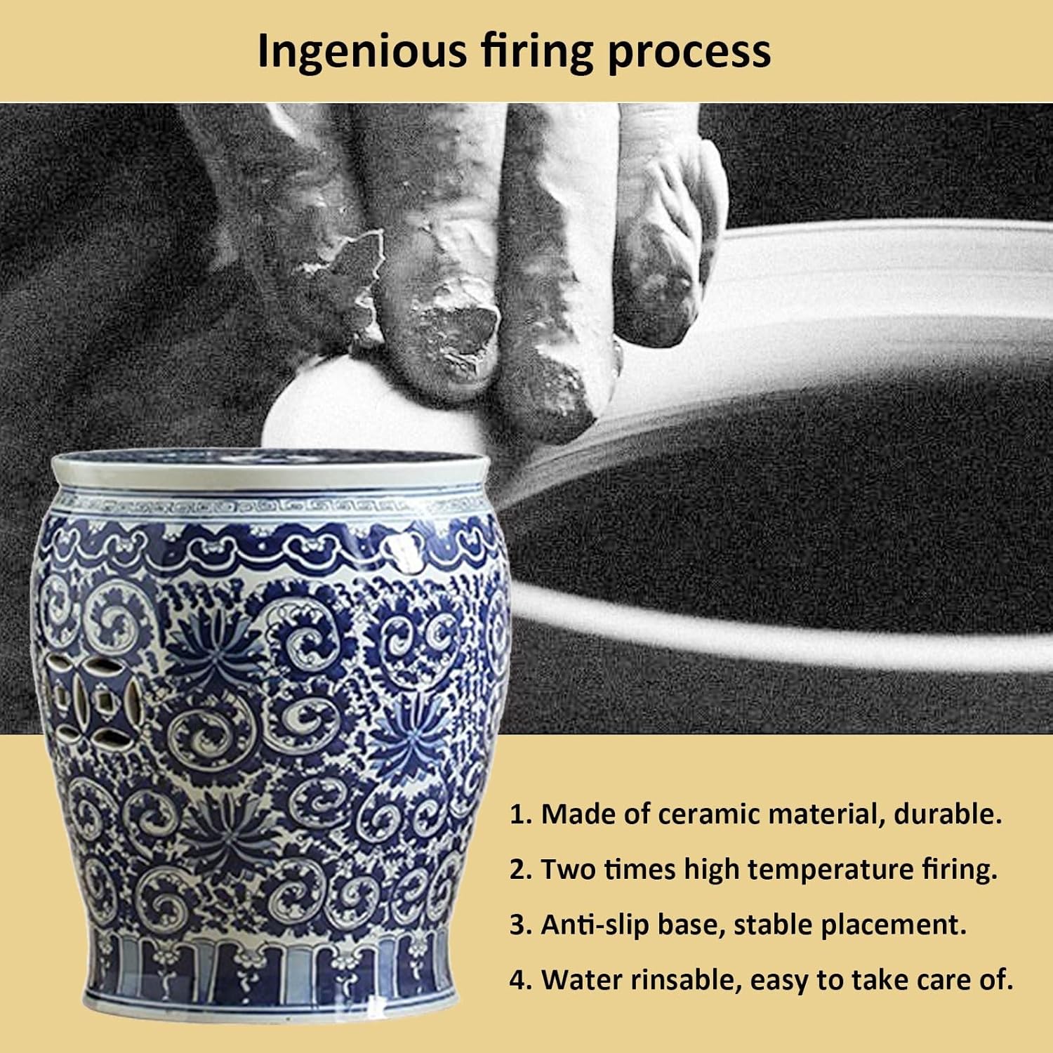 Drum Stool,Garden Stool, Decorative Ceramic Garden Stool, Glazed Hollow Celadon Shoe-Changing Stool Drum Stool, Suitable for Outdoor Garden, Living Room, Terrace, Etc.