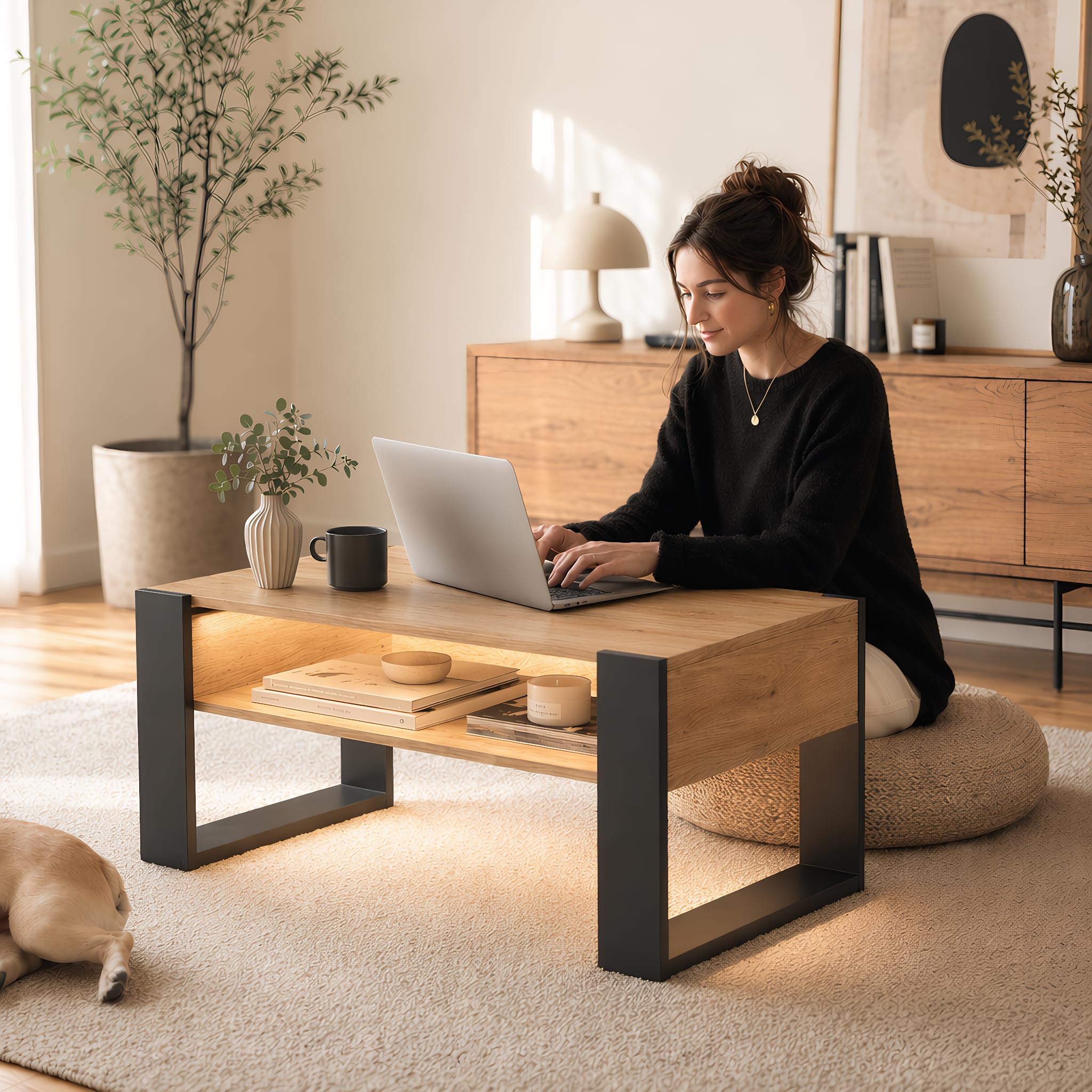 Mesa de Centro con LED y Espacio de Almacenamiento, Mesa de Salón de Madera, Moderna Mesa Baja Salon con Patas en Forma de U, para Salón, Rectangular, 92 x 47 x 45 cm, Madera y Negro