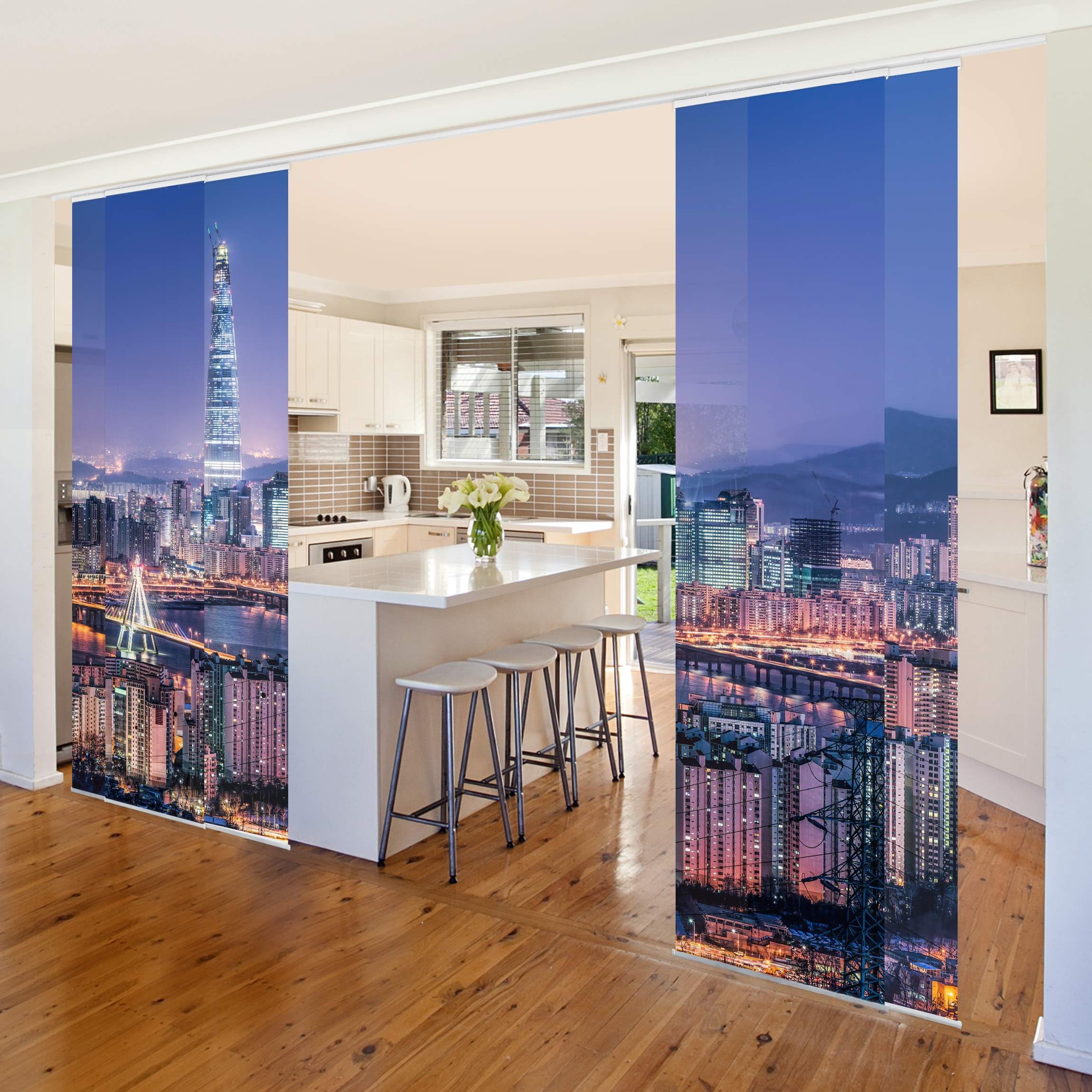 Schiebegardine halbtransparent 60er Paneel Klett Weltall Textil lichtdurchlässig - Asien Modern Flächenvorhang blau Wohnzimmer Schlafzimmer 2572 (300x250 cm - 5er Set)