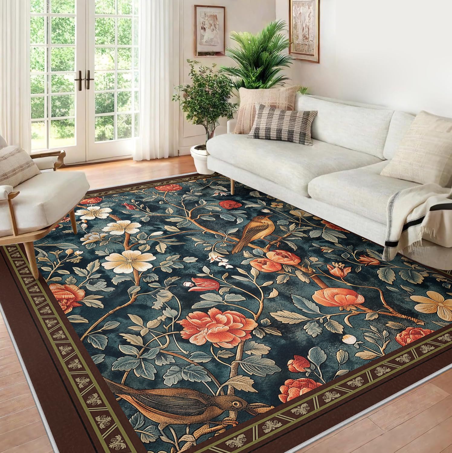 Nadający się do prania dywan 200 x 300 cm, dywan powierzchniowy do salonu, vintage, botaniczny, piwonie, ptak, do sypialni, miękki, boho, antypoślizgowy, z gumowym spodem, płaskie runo, do jadalni