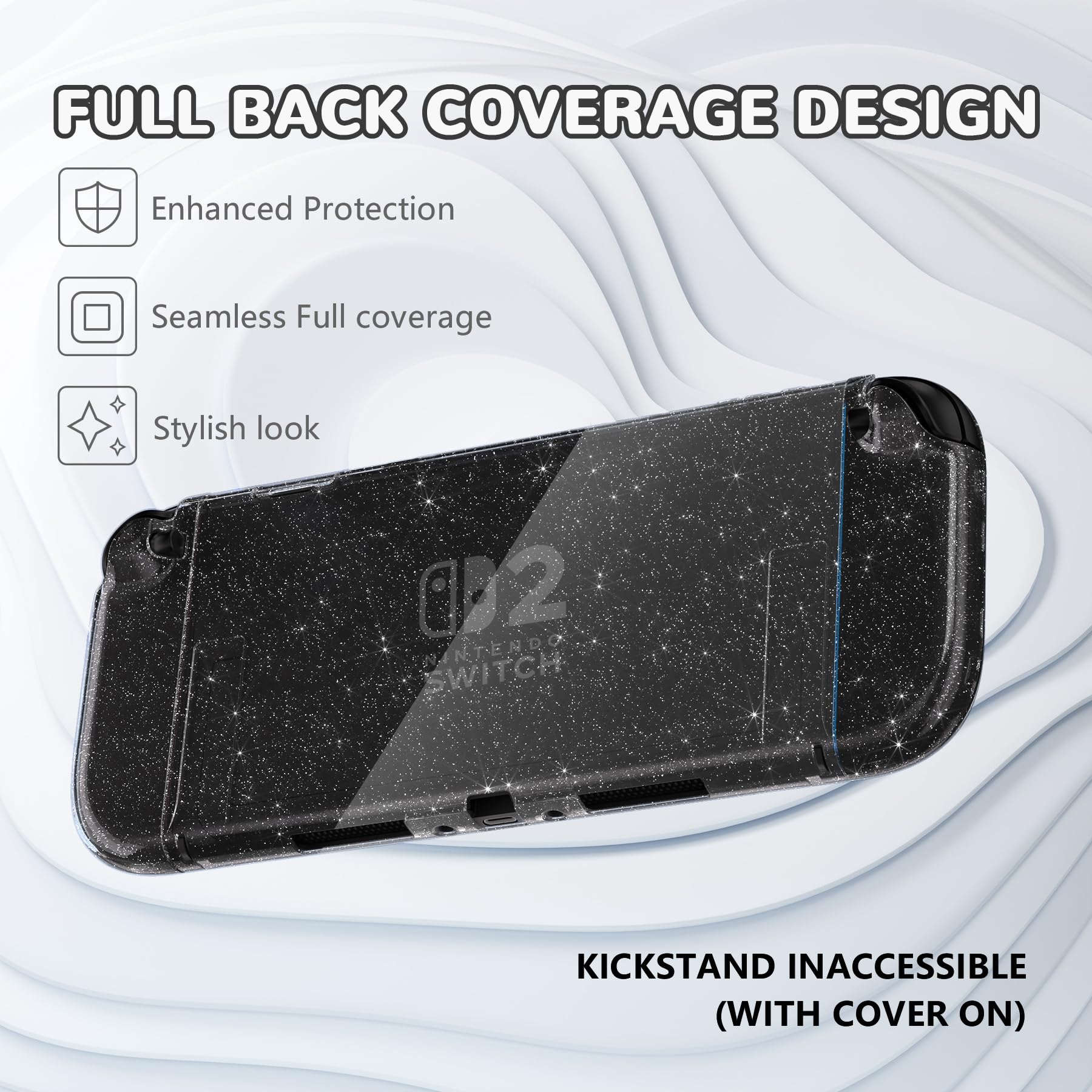 playvital pour Switch 2 Coque avec Cover Grip pour Joycon,Coque Protection Dockable pour Nintendo Switch 2 Support & Capuchon Joystick & Caps Boutons-Argent Clair Glitter