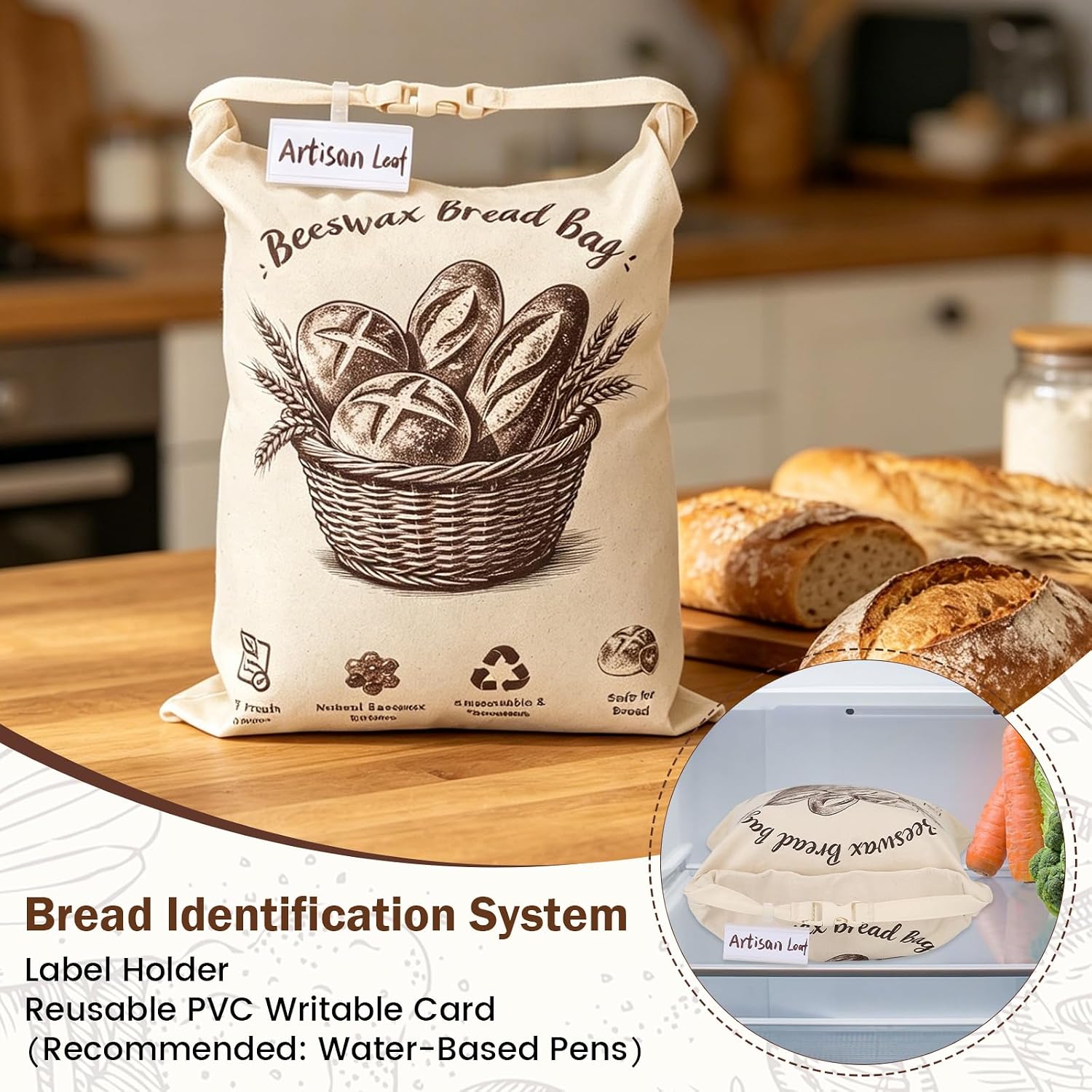 Beeswax Bread Bag for Sourdough Homemade Bread Storage | PVC writable card and display label holder,User Manual & Care Guide,Cotton,Waterproof zipper closure,Roll-top buckle design