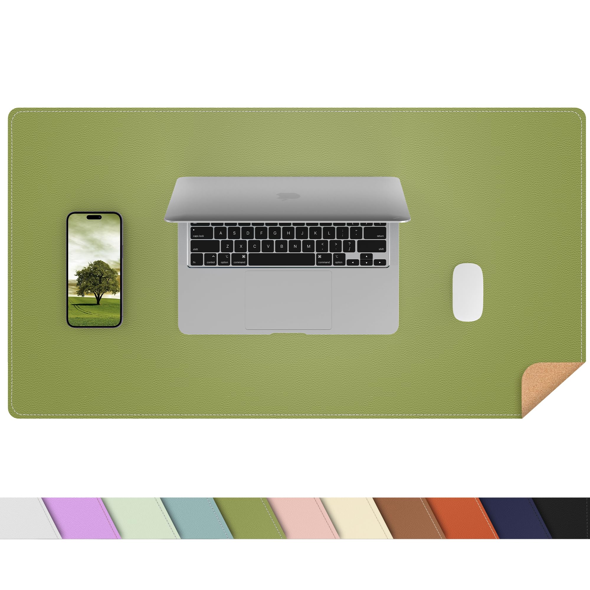 Leather Desk Mat, Large Mouse Mat,PU Leather & Cork Desk Pad, Waterproof Leather Table Protector Writing Pad for Office and Home(60x35cm,Olive Green)