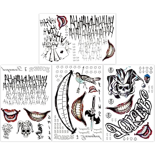 Miniatura 1 de 4 hojas de tatuajes de Joker, basuwu de tamaño grande, impermeables, para Halloween, todas las versiones, se ven reales y duran mucho tiempo,
