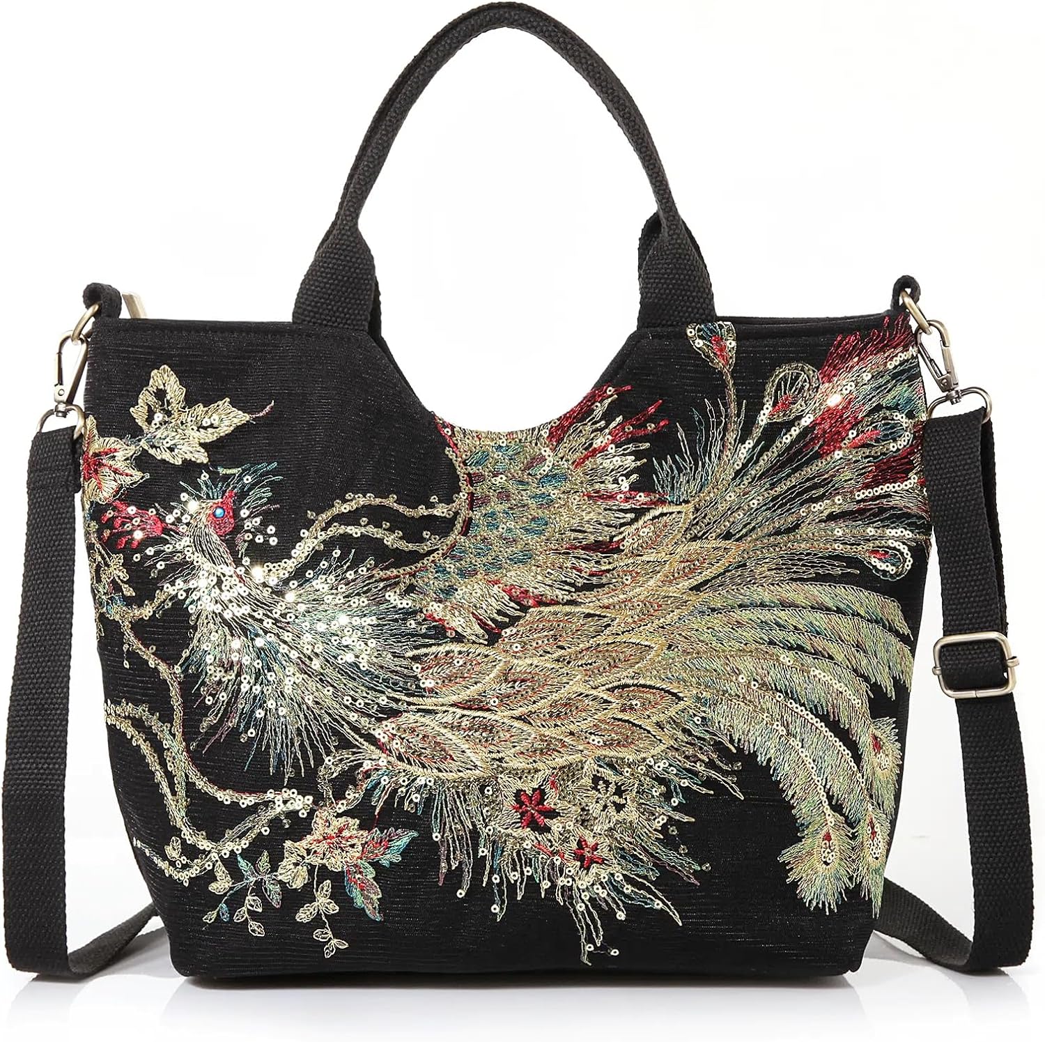 Jursccu Women Canvas Tote Bags Embroidery Handbags Stylish Casual Shoulder Bags