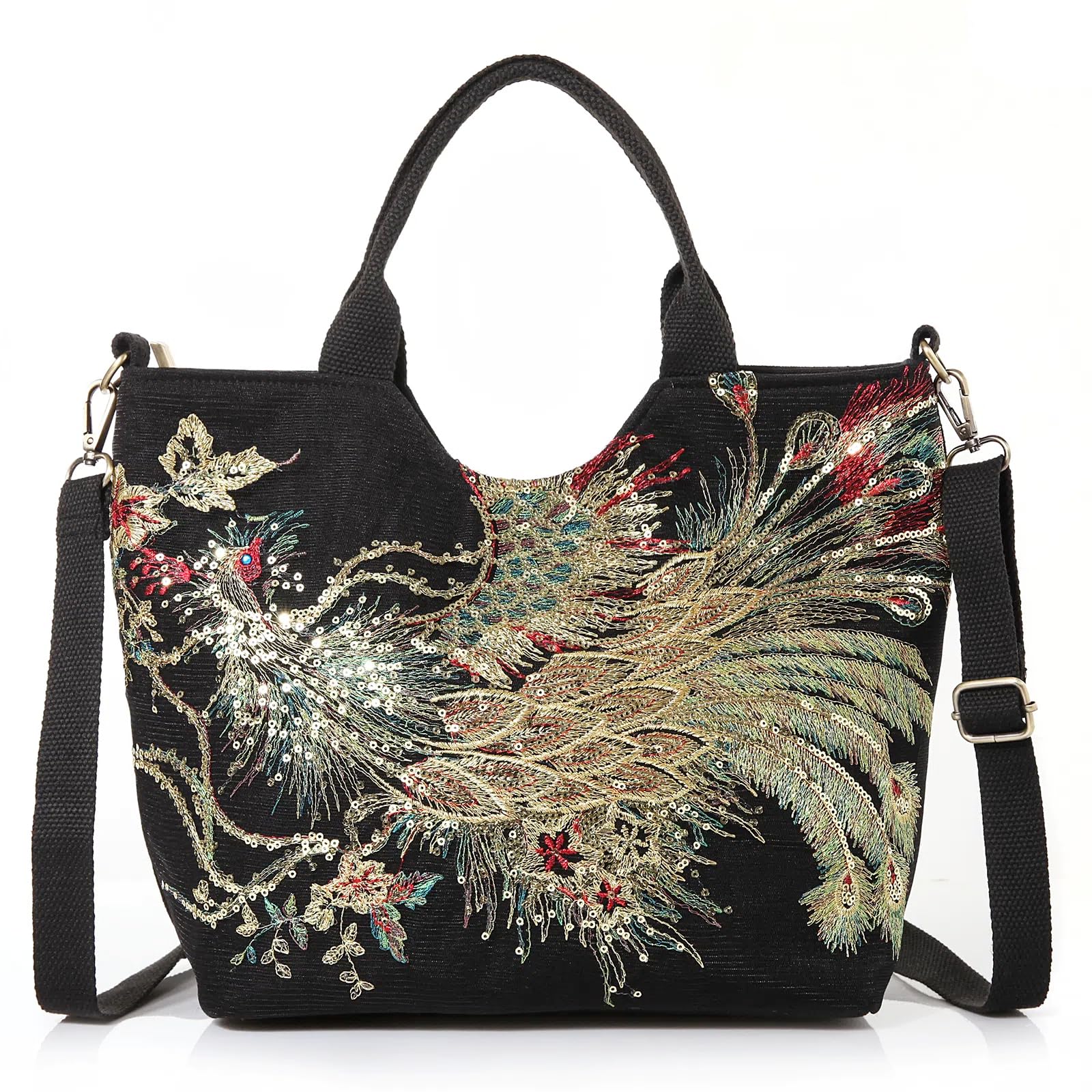 JursccuWomen Canvas Tote Bags Phoenix Sequins Embroidery Handbags Stylish Casual Shoulder Bags,With Vintage Decorative Pendants