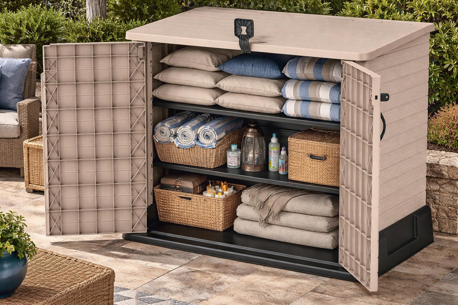 Duramax StoreAway 850L Plastic Garden Shed, Outdoor Storage Shed, Wheelie bin box, Wheelie Bin Hideaways, Durable Construction, Ideal for Tools, BBQs & 2x Garbage Bins, 130x74x110 cm, Warm Taupe