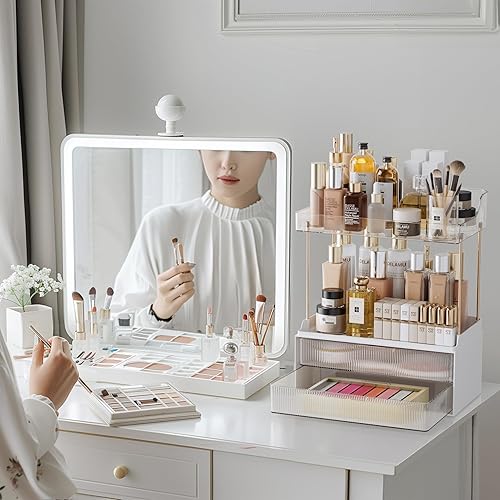 Vista 20 de Delamu Organizador y almacenamiento de baño, 2 niveles y 2 cajones, organizador de maquillaje, fácil de instalar, ideal para encimera de baño