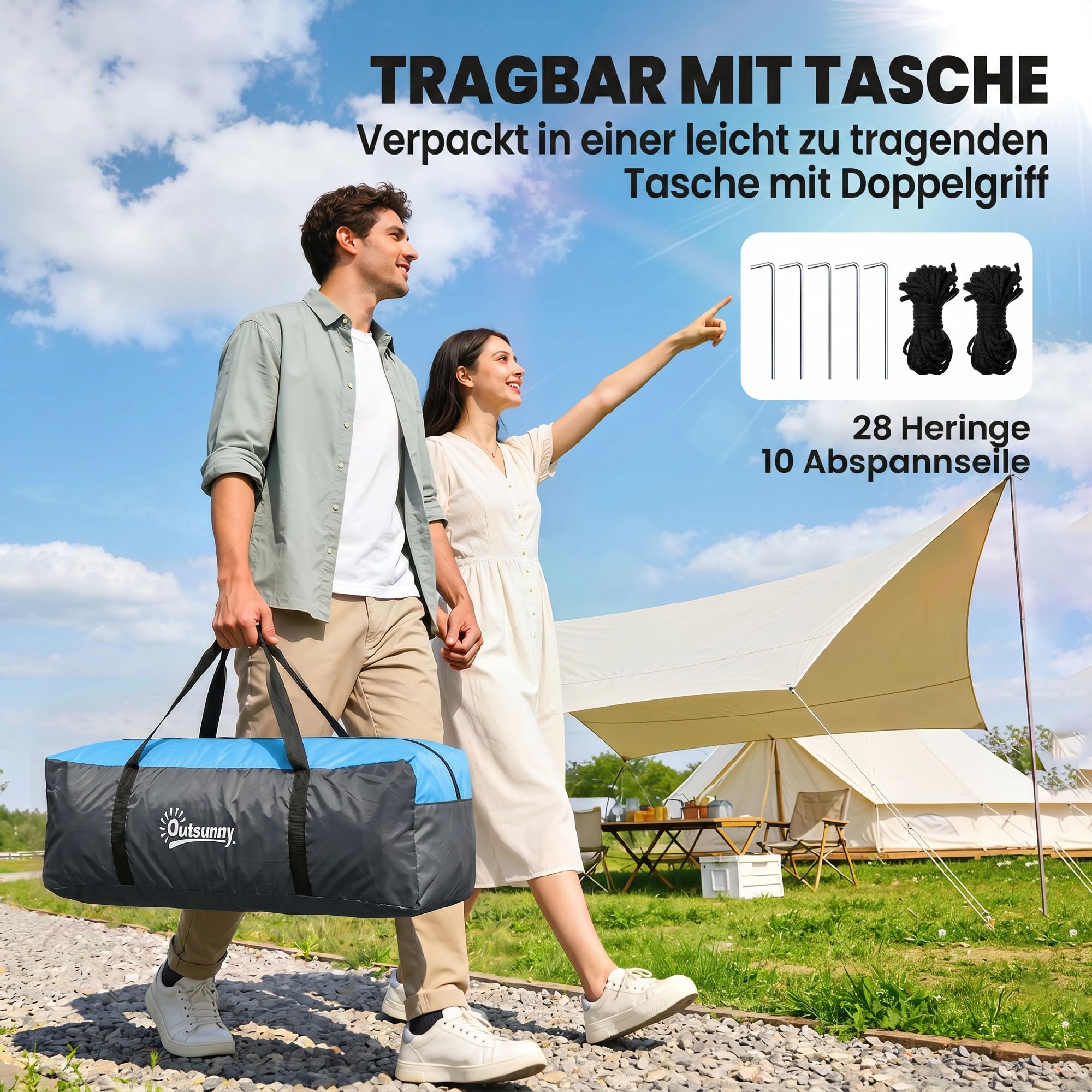 Outsunny Tunnelzelt, Campingzelt für 3 Personen, mit 2 Räumen, Lichthaken, groß Gruppenzelt mit Tragetasche, 3000mm Wasserabweisend Familienzelt, für Garten, Campingplatz