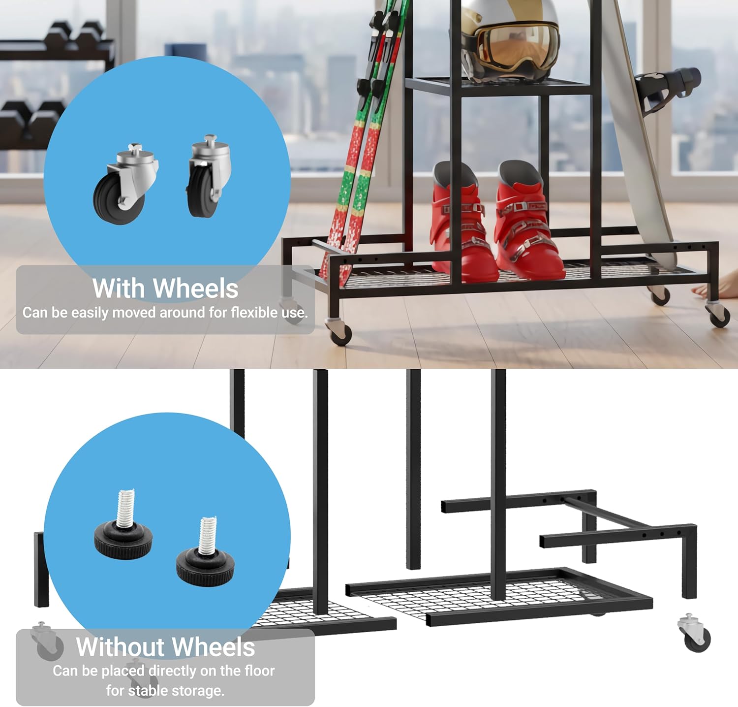 Standing Ski Storage Rack, Holds Snowboards & Skis, 3-Tier Organizer for Gear, Black - Ski Rack for Garage with Anti-Slipmat