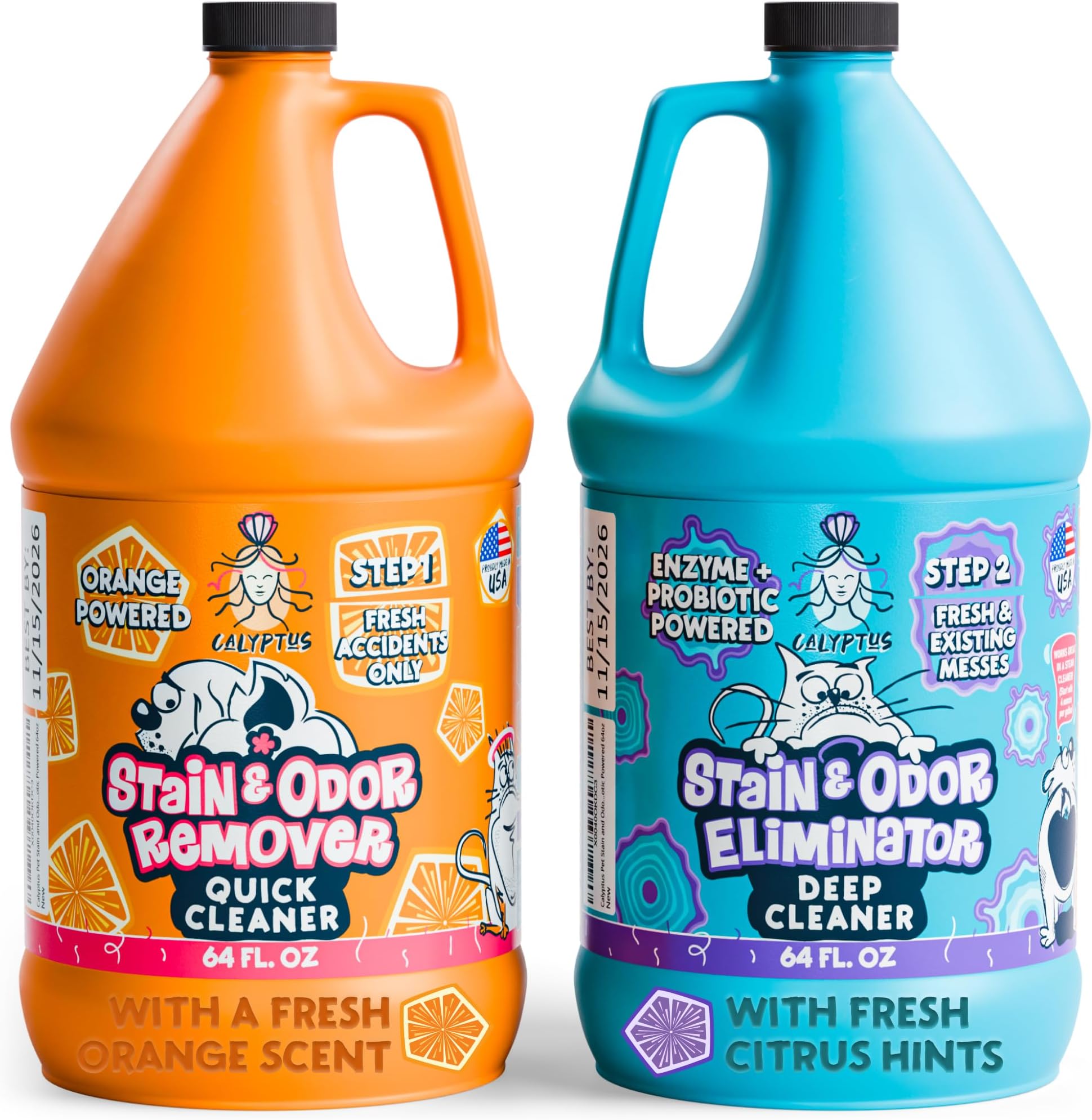 Calyptus Pet Stain and Odor Remover | Orange and Enzyme Cleaner Duo Solution for Pets | 128oz (64oz x 2 Bottles) | Carpet Cleaner and Odor Eliminator for Cat Urine, Dog Pee, and Poop | Pro Strength