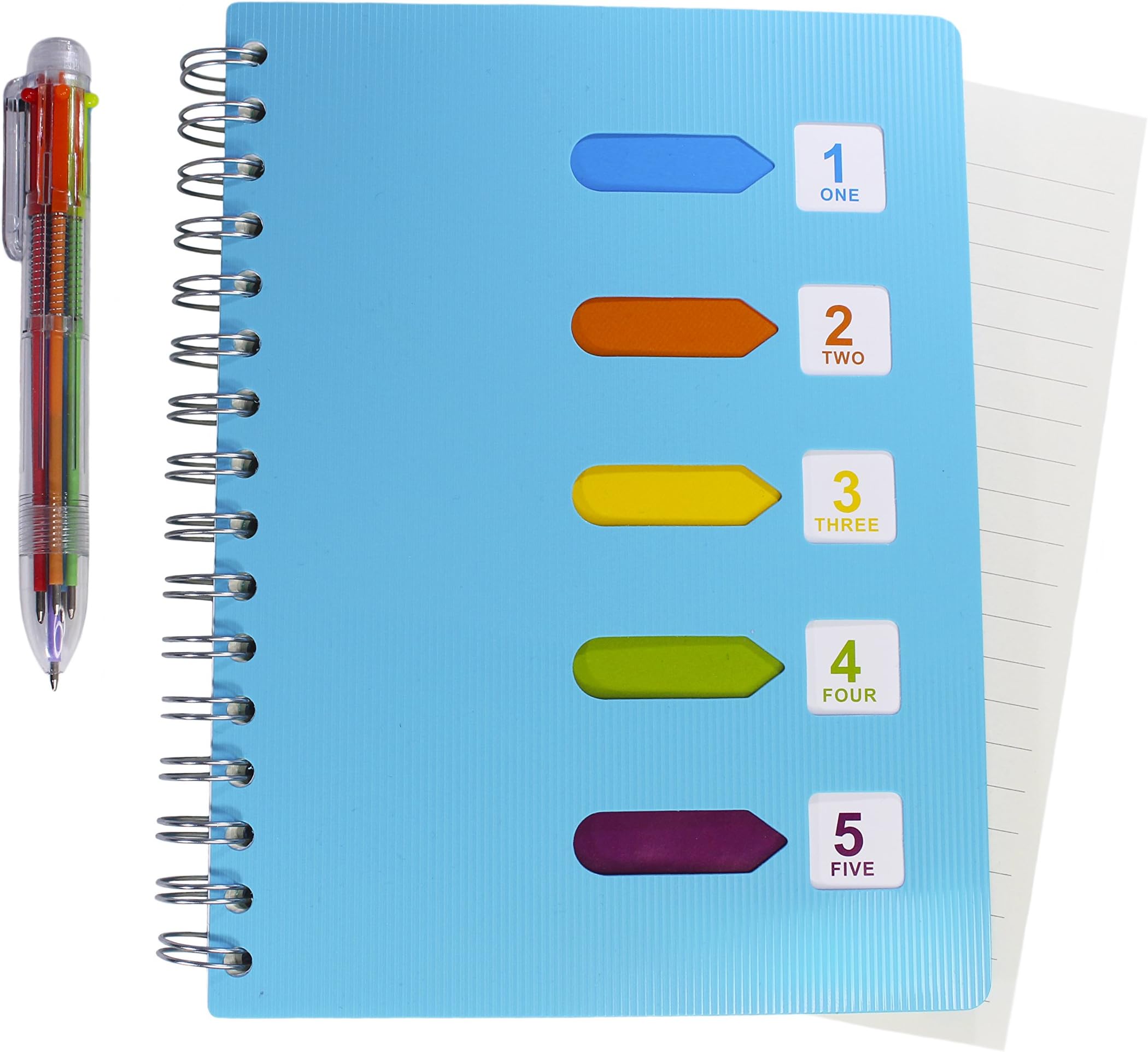 Lined Notebook & Multicolor Pen - 200 Pages A5 Planner Journal & 6-in-1 Retractable Ballpoint Multi Color Pen & Includes E-book - Best for Note Taking - College Ruled Spiral Notebook