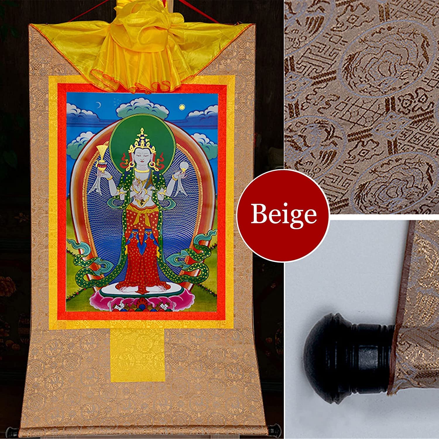 Element dekoracyjny. Czteroręki Awalokiteśwara, Padmapani, Czenrezig, Buddyjska Thangka Brocade(Beige,Small(35cm*27cm))