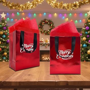 HiCivan Glossy Red Gift Bags Medium Size with Tissue Paper 12Pcs 8x4x10in Reusable Non-woven Goodie Bags Bulk with Handles for Party Favor, Wedding, Birthday, Christmas, Thanksgiving