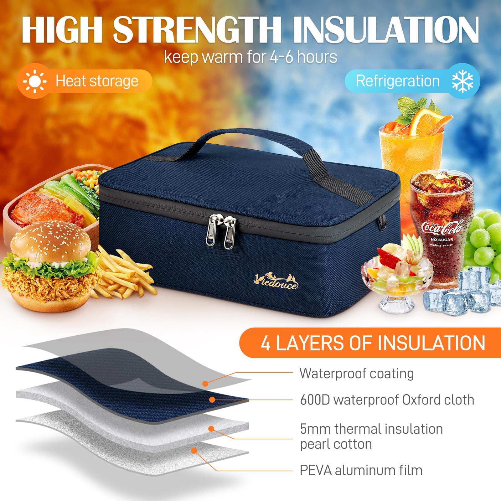 Viedouce Mini Borsa Termica Porta Pranzo 4L Impermeabile, Doppia Cerniera Riutilizzabile Contenitore per il Pranzo Isolata Uomo e Donna, Pieghevole Termico Pranzo per Ufficio/Scuola (Blu)