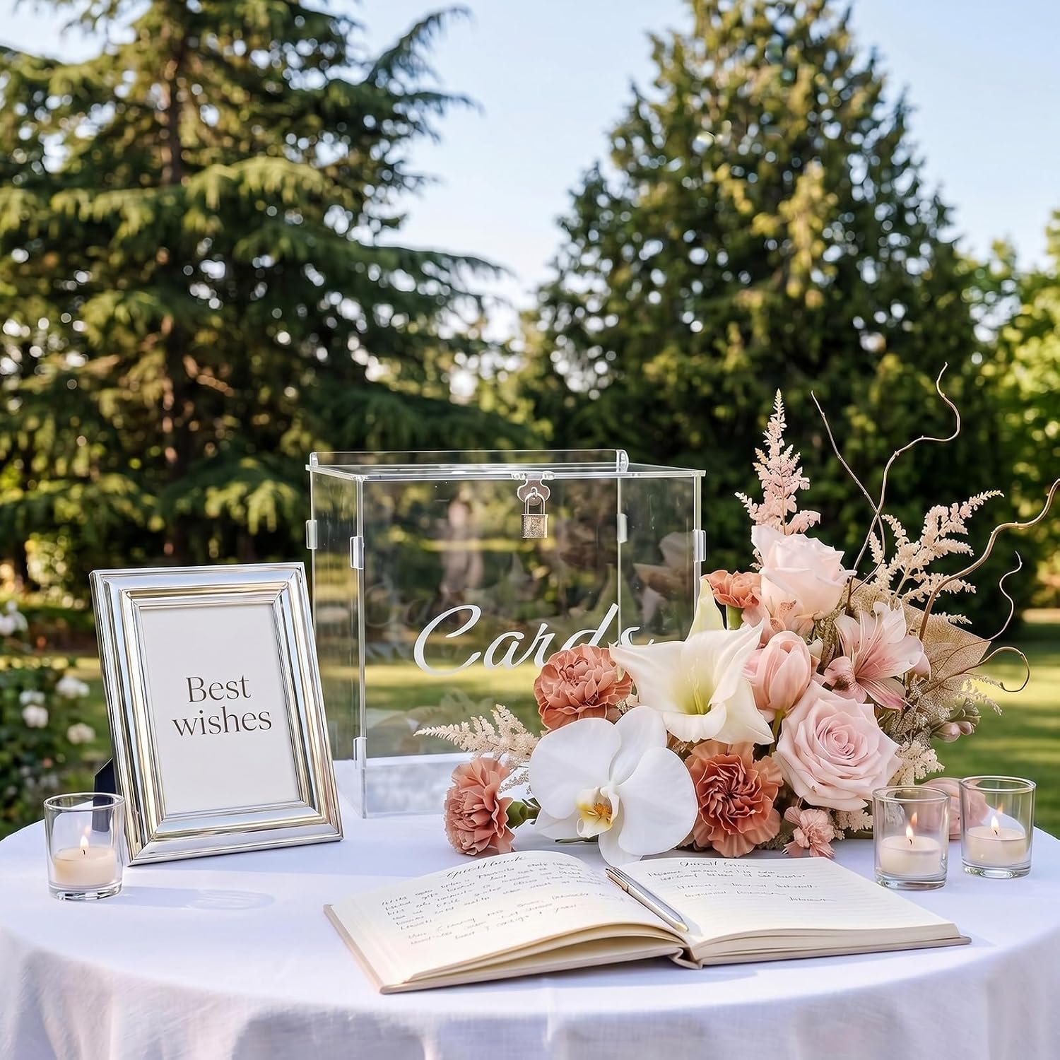 11 Pcs Clear Acrylic Wedding Card Box Set, Includes 10 Inch Large Box with Lock and Key, 2 Floral Foam Blocks, 8 Adhesive Pads, Gift Card Holder for Reception, Baby Shower, Birthday Keepsake