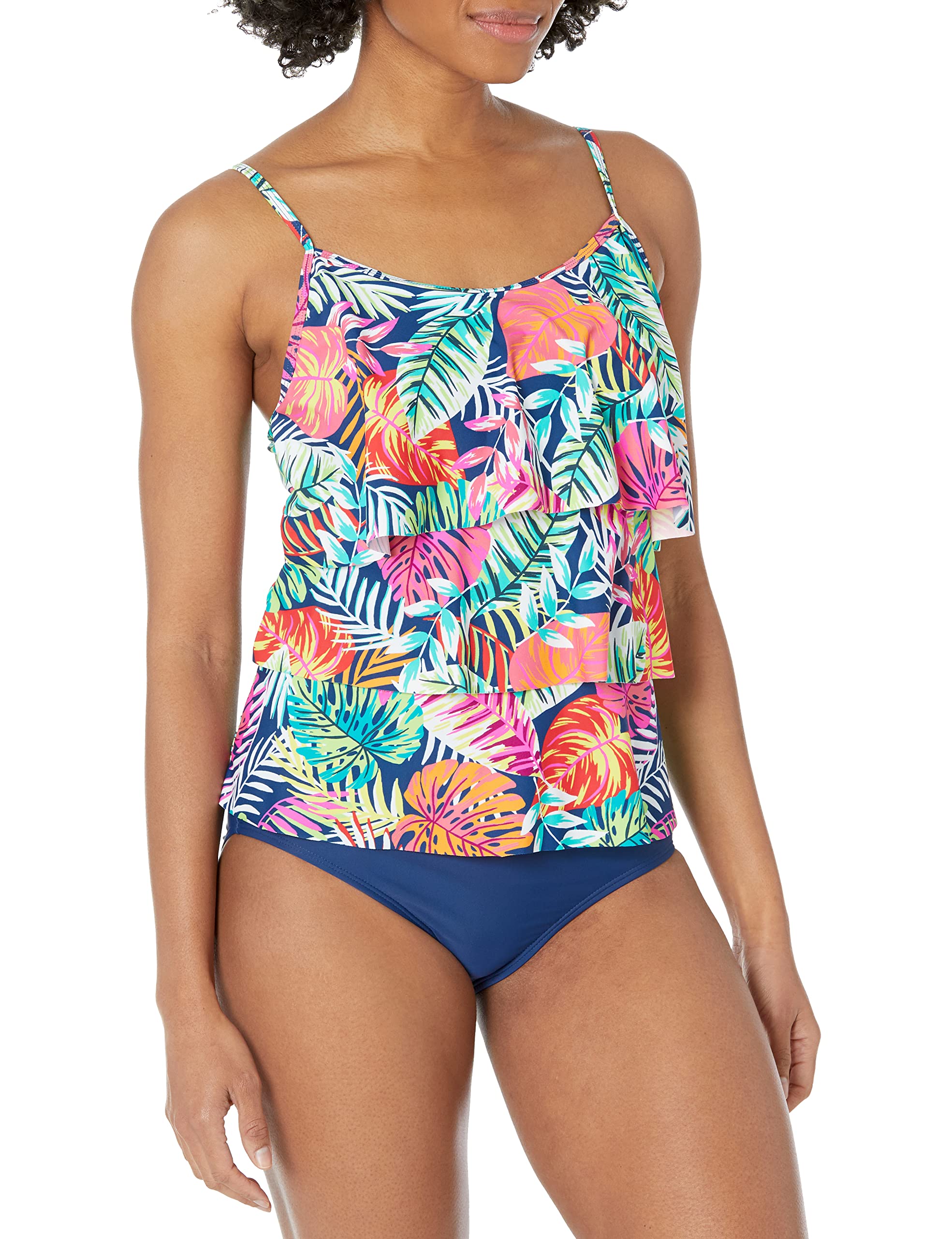 Caribbean Joe Women's Standard Shirred Tankini Tummy Control Quick Dry Sewn in Cups Adjustable Strap Swimsuit Set