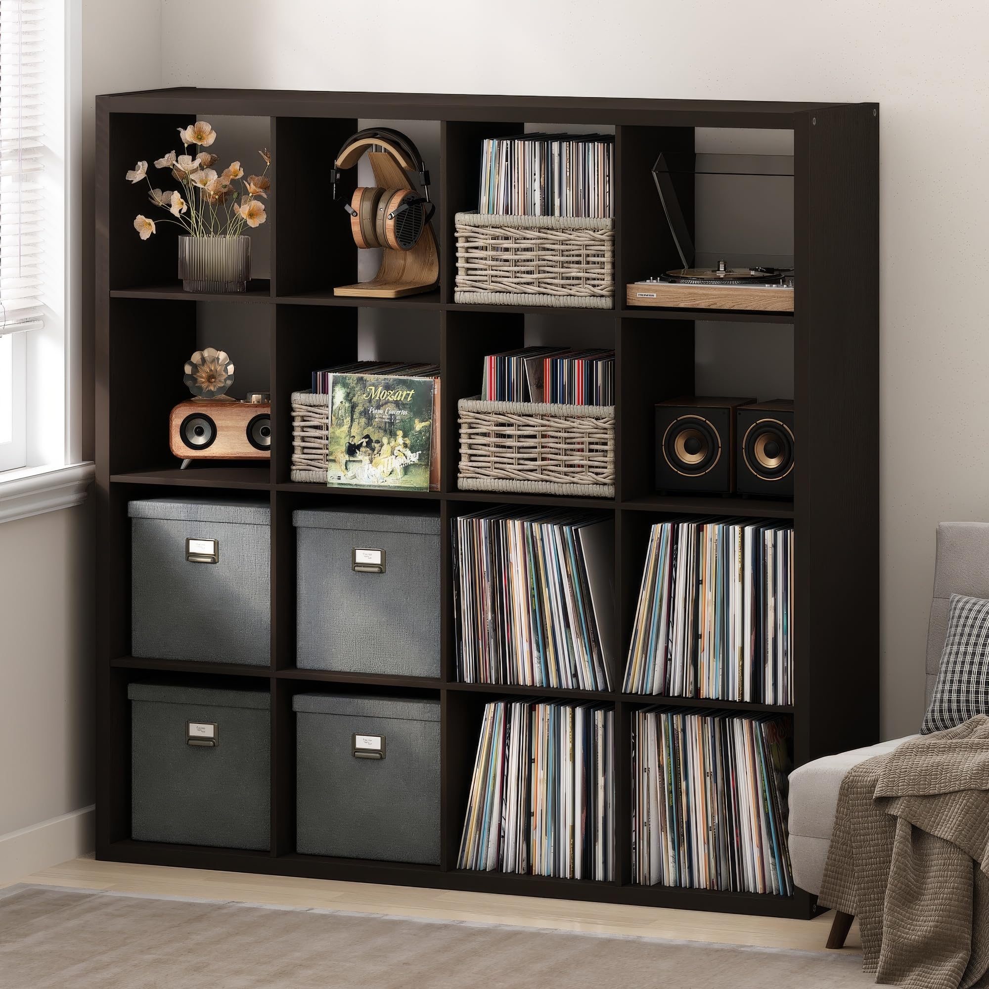 Furinno Cubicle Record Player Stand, 16-Cube Record Storage, Dark Oak