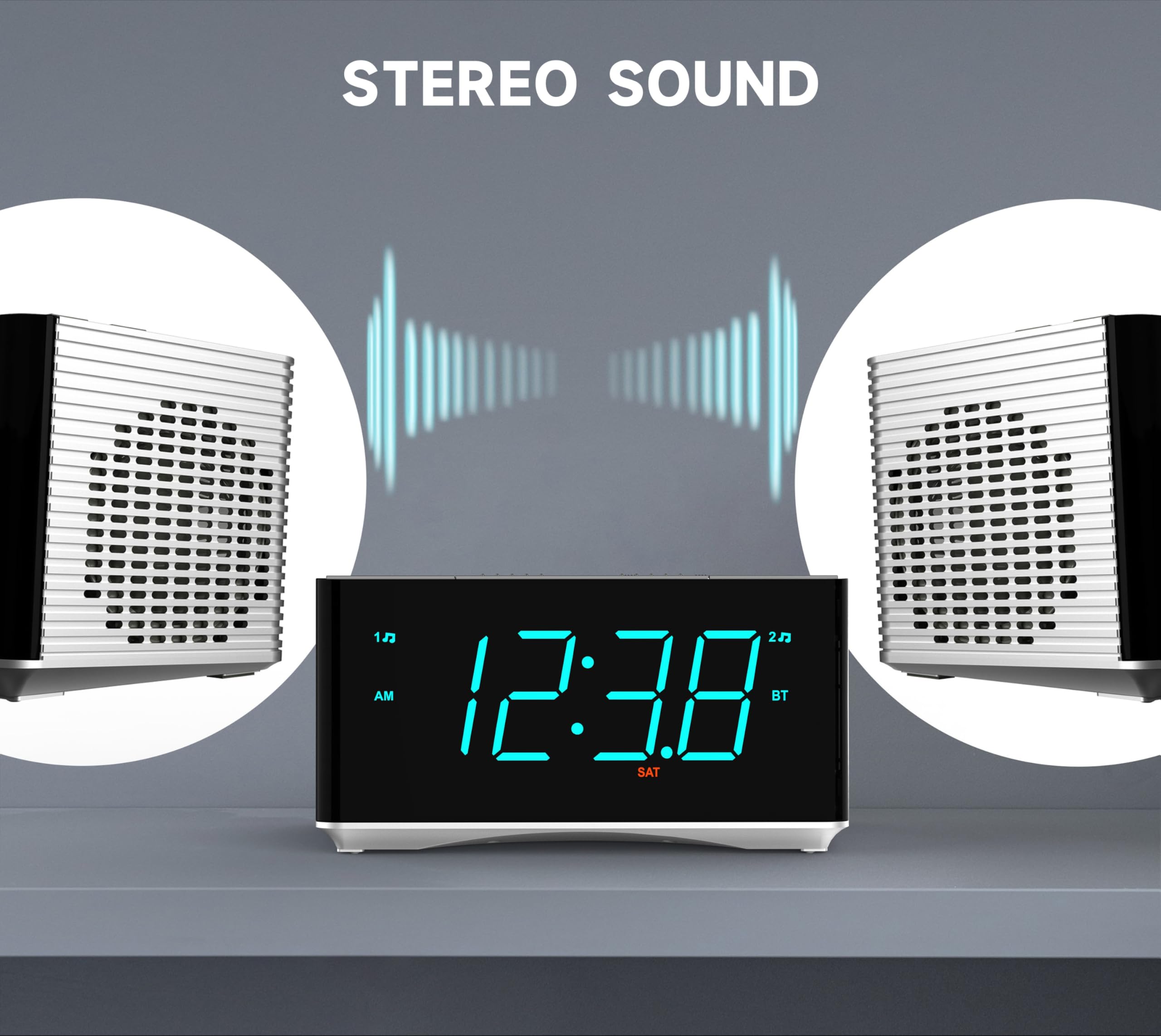 iTOMA Sveglia radio-altoparlanti stereo Bluetooth, radio FM, doppia sveglia, snooze, dimmer di luminosità, ricarica USB, sveglia per camera da letto ufficio 3501