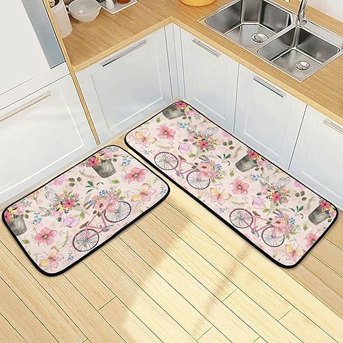 Juego de 2 tapetes y tapetes de cocina con diseño de flores primaverales, antideslizantes, lavables, antifatiga, para el hogar, oficina, fregadero,