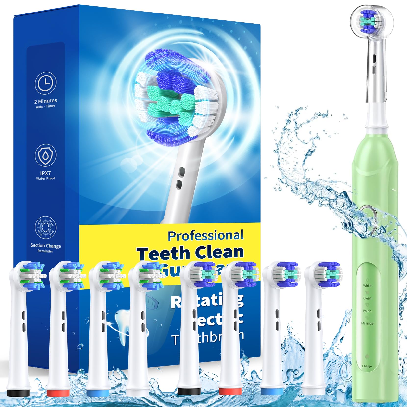 TEETHEORY Rotating Electric Toothbrush for Adults with 8 Brush Heads (2 Types), 4 Modes Deep Clean Electric Toothbrush with Rechargeable Power and 2 Min Smart Timer Green