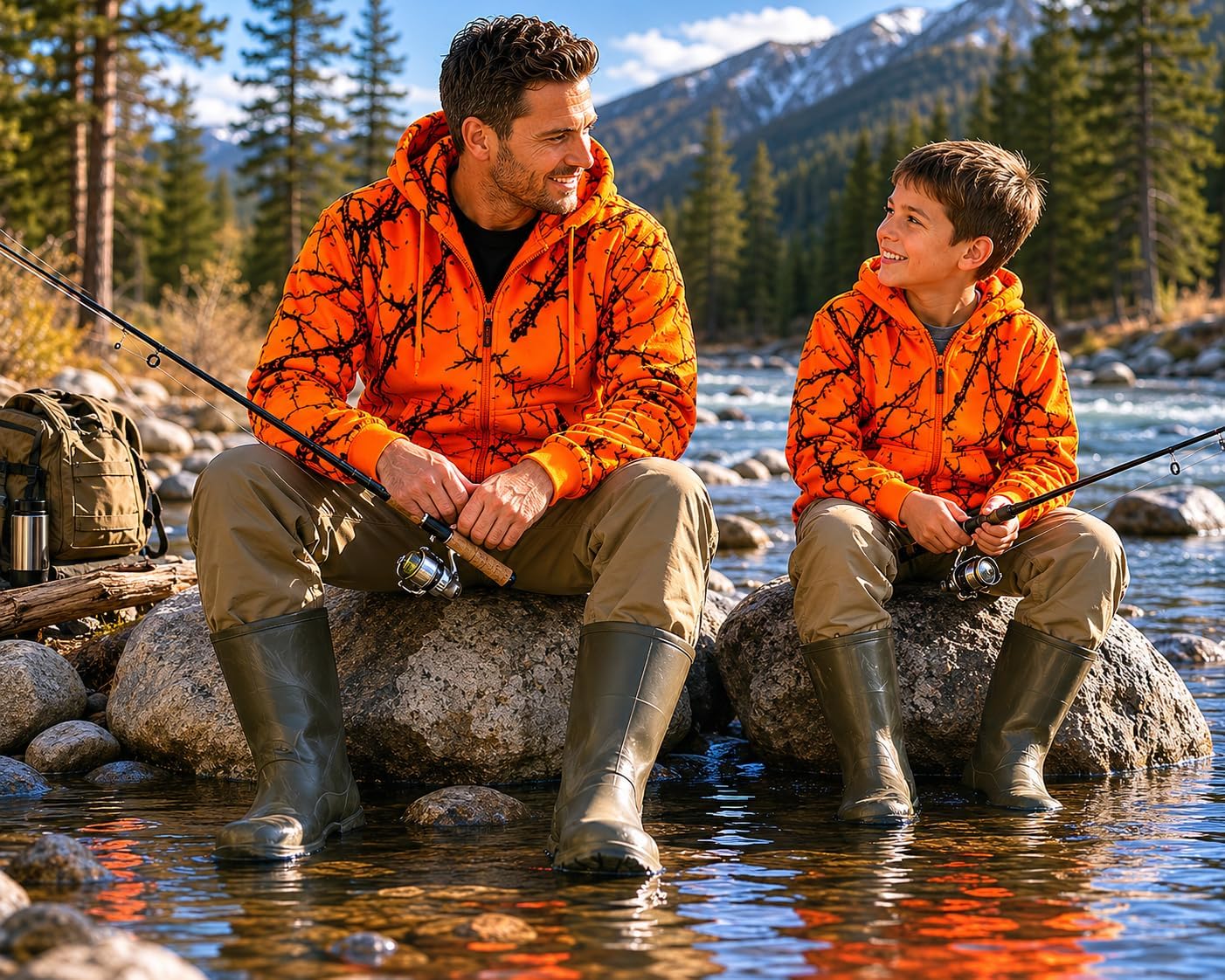 TrailCrest Men's Blaze Orange/Camo Double Fleece Full Zip Hoodie Jacket