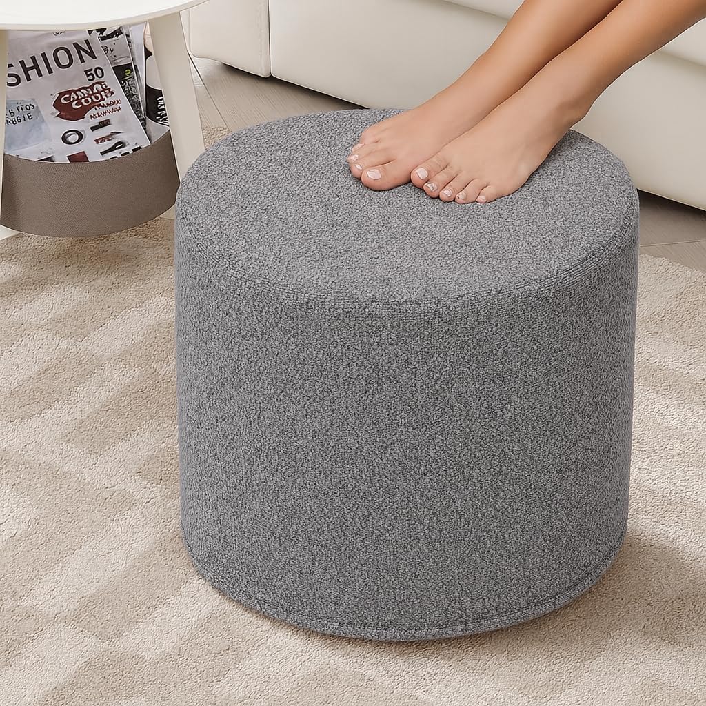 KKdema Grey Round Ottoman Foot Rest Stool – Modern Boucle Fabric Footstool with Soft Foam Filling, Lightweight Pouf for Living Room, Bedroom, Home