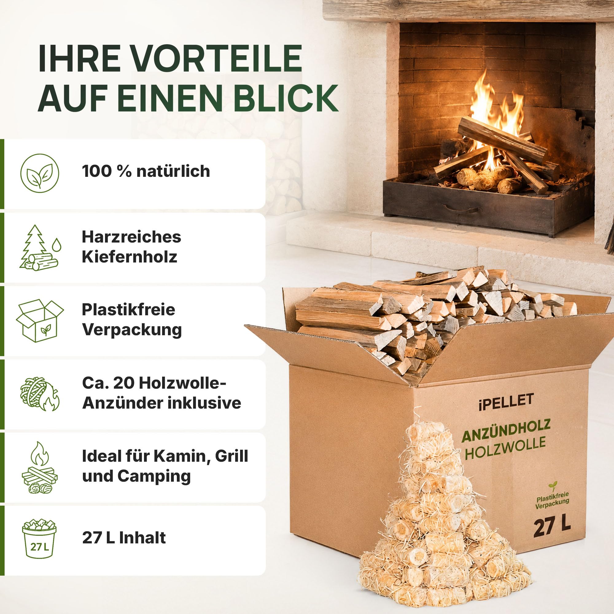 Leña de pino, caja de 27 litros (aprox. 7 kg) con encendedores de lana de madera, producto natural, encendedor para estufa, barbacoa y hoguera