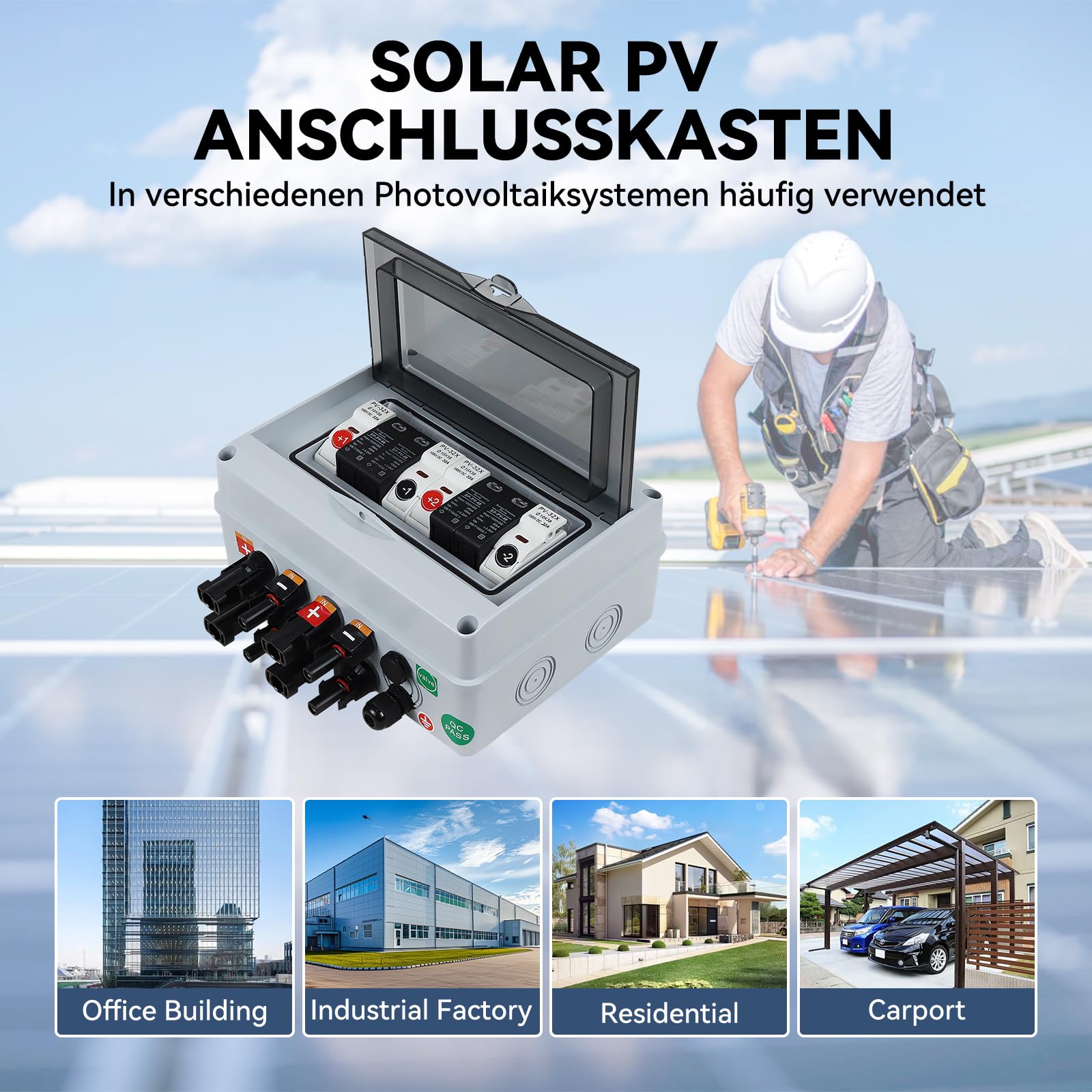 Solar PV Anschlusskasten Überspannungsschutz, 1000V 2-string 32A 2 in 2 out Solar Photovoltaik Combiner Box, IP65 Wasserdichtem Kunststoff- Verteilerkasten for den Außenbereich Sicherungsautomat