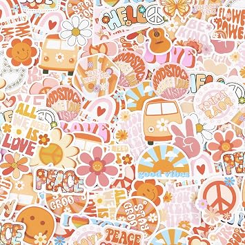 Tudomro 200 Pcs Hippie Stickers Groovy Party Favors Vinyl Waterproof Preppy Retro Stickers 60s 70s Peace Love Sign for Water Bottle Laptop Car, 40 Styles