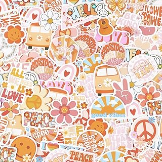 200 Pcs Hippie Stickers Preppy Stickers Peace Love Stickers Vinyl Waterproof Groovy Stickers Boho Daisy Decals Retro 60s 70s Stickers Peace Sign Stickers for Water Bottle Laptop Car Phone, 40 Styles