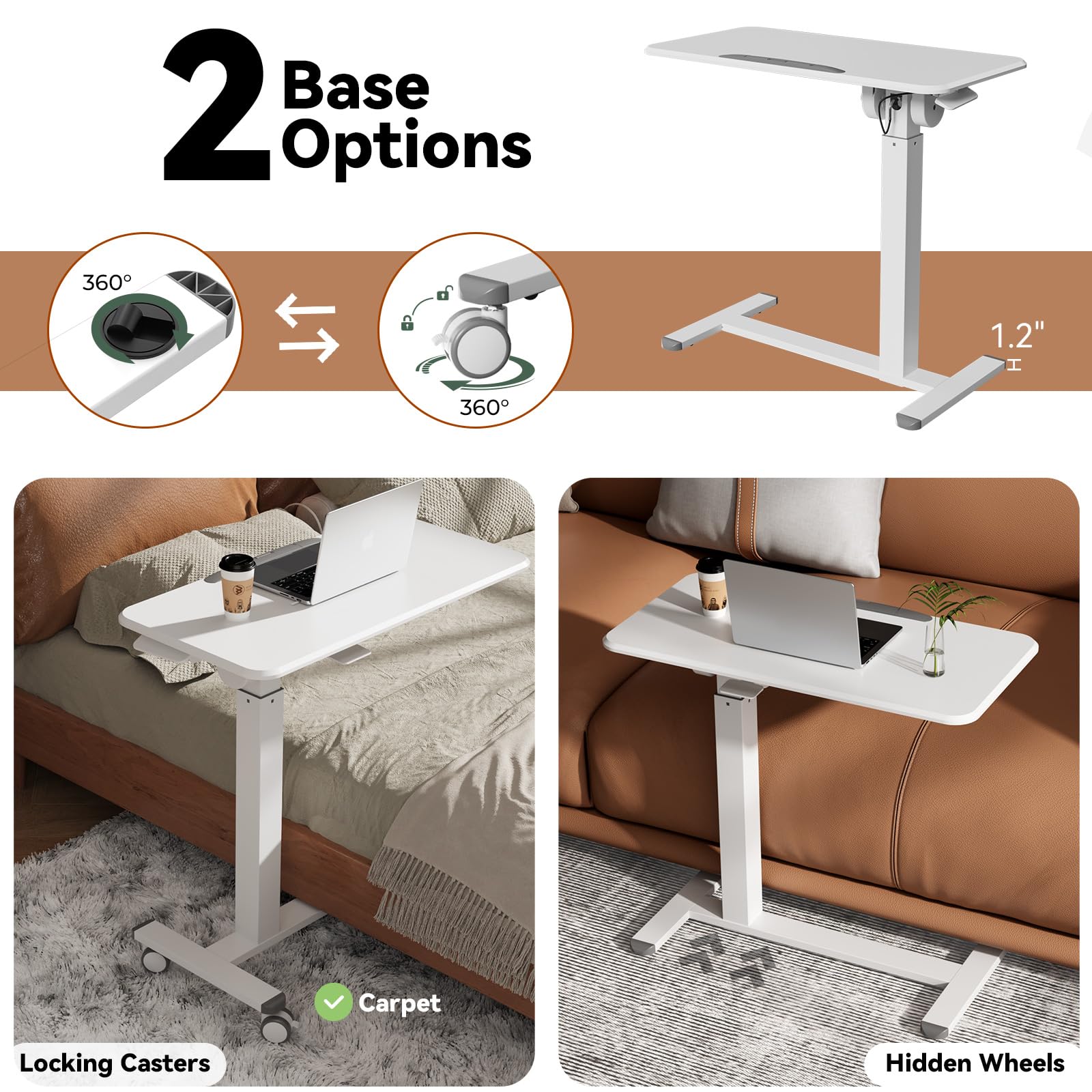 Mobile Standing Desk Height Adjustable Left Right Overbed Bedside Table 90 Tiltable Portable Laptop Desk with Wheels Foldable — view 3