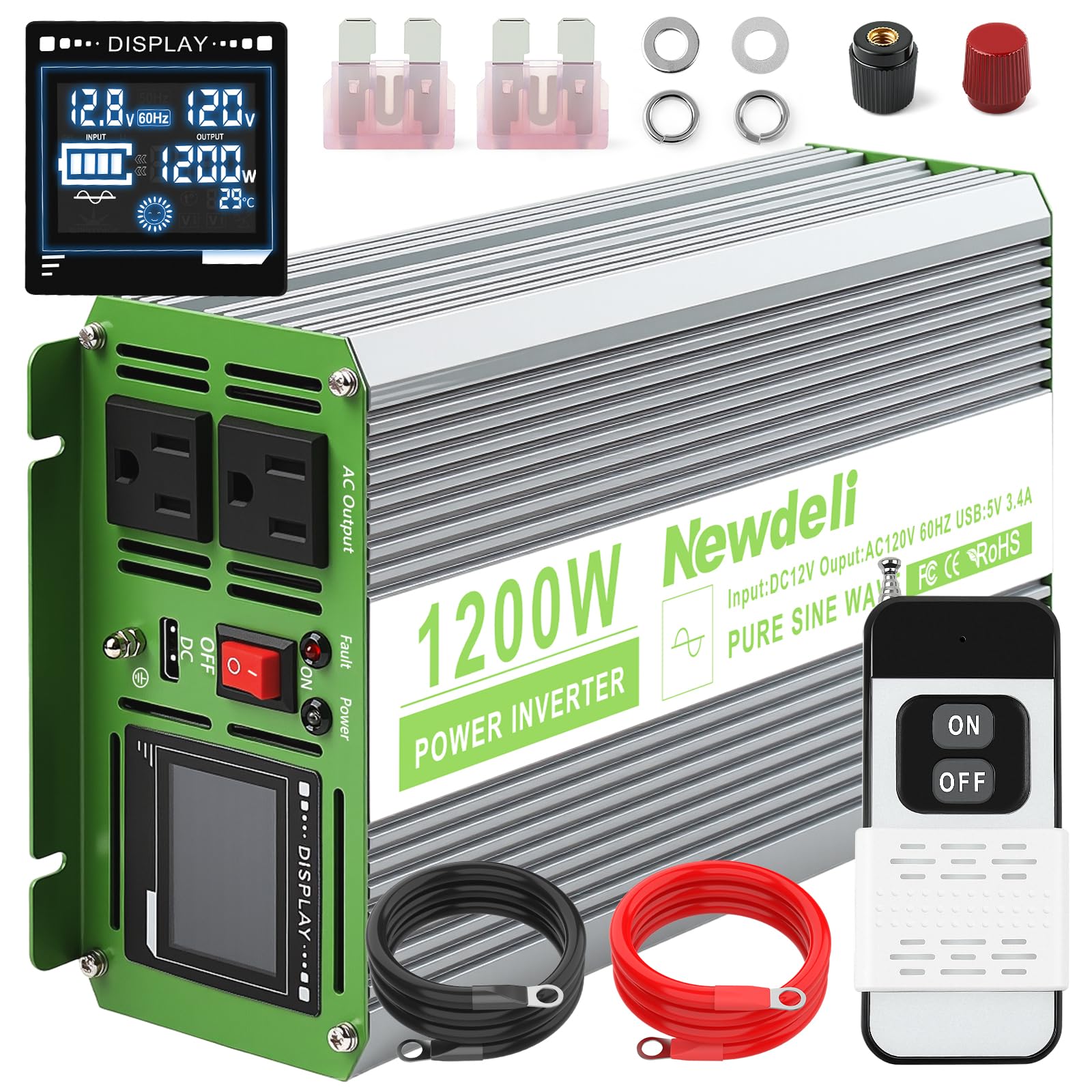 Newdeli 1200W Pure Sine Wave Inverter 12V to 110V 120V AC Converter Car Power Inverter for Vehicles RV Truck Solar Outdoor with 2 AC Socket, 5V 3.4A USB, LCD Display and Remote Controller