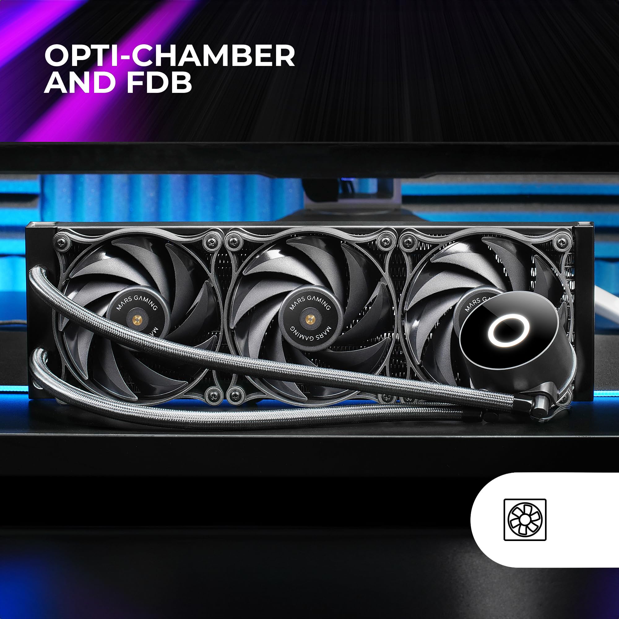 Mars Gaming ML-PRO360, Raffreddatore a Liquido Professionale CPU, TDP 600W, 3x Ventole FDB Ultra-silenziose, Pompa Opti-Chamber con Anello di Illuminazione Bianca, Multisocket Universale, Nero