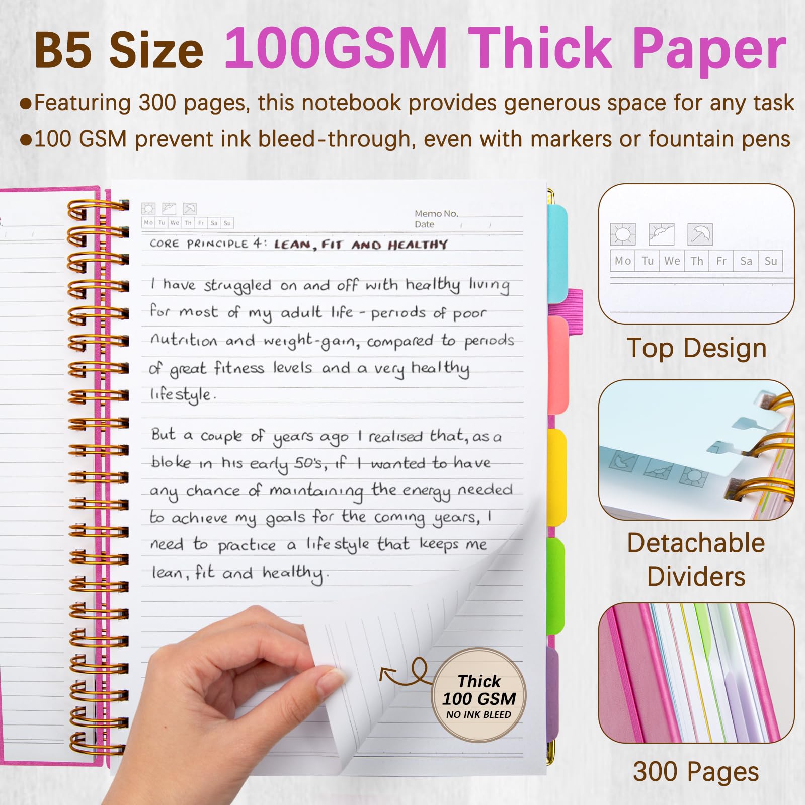 Cuadernos en espiral de tapa dura para el trabajo de 8 x 10 pulgadas, 300 páginas, cuaderno de 5 materias con separadores y pestañas, diario en espiral B5 para mujeres, cuaderno con rayas
