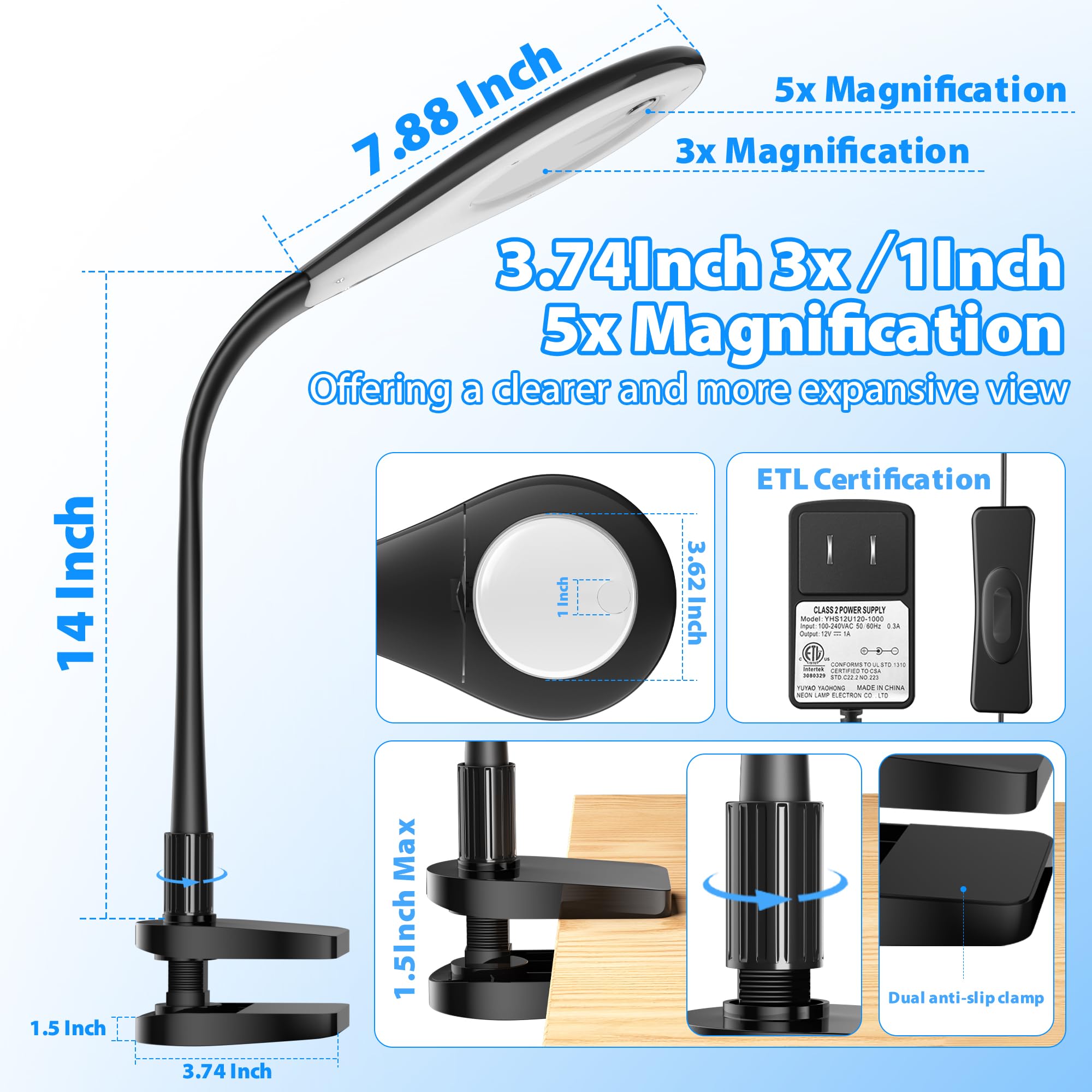 deeloop Lupa con luz y soporte, cuello de cisne flexible 5X y 3X lente de vidrio real LED lámpara de escritorio con abrazadera, lámpara de lupa manos libres para leer, manualidades, pasatiempos,