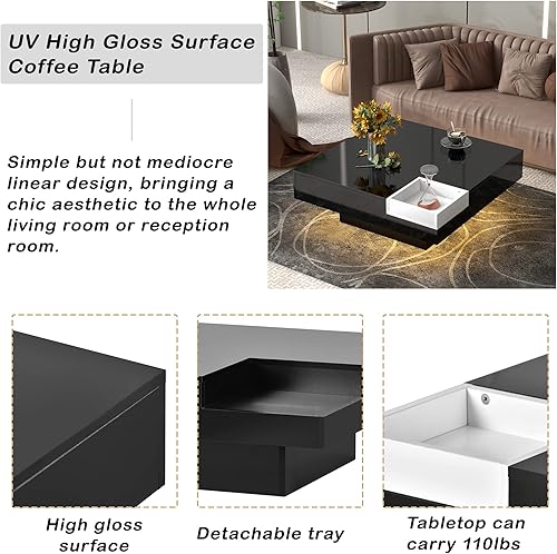 Miniatura 6 de Bellemave Mesa de centro moderna, mesa de cóctel cuadrada de 2 niveles de 31.5 pulgadas con iluminación LED y bandeja desmontable, mesa central de