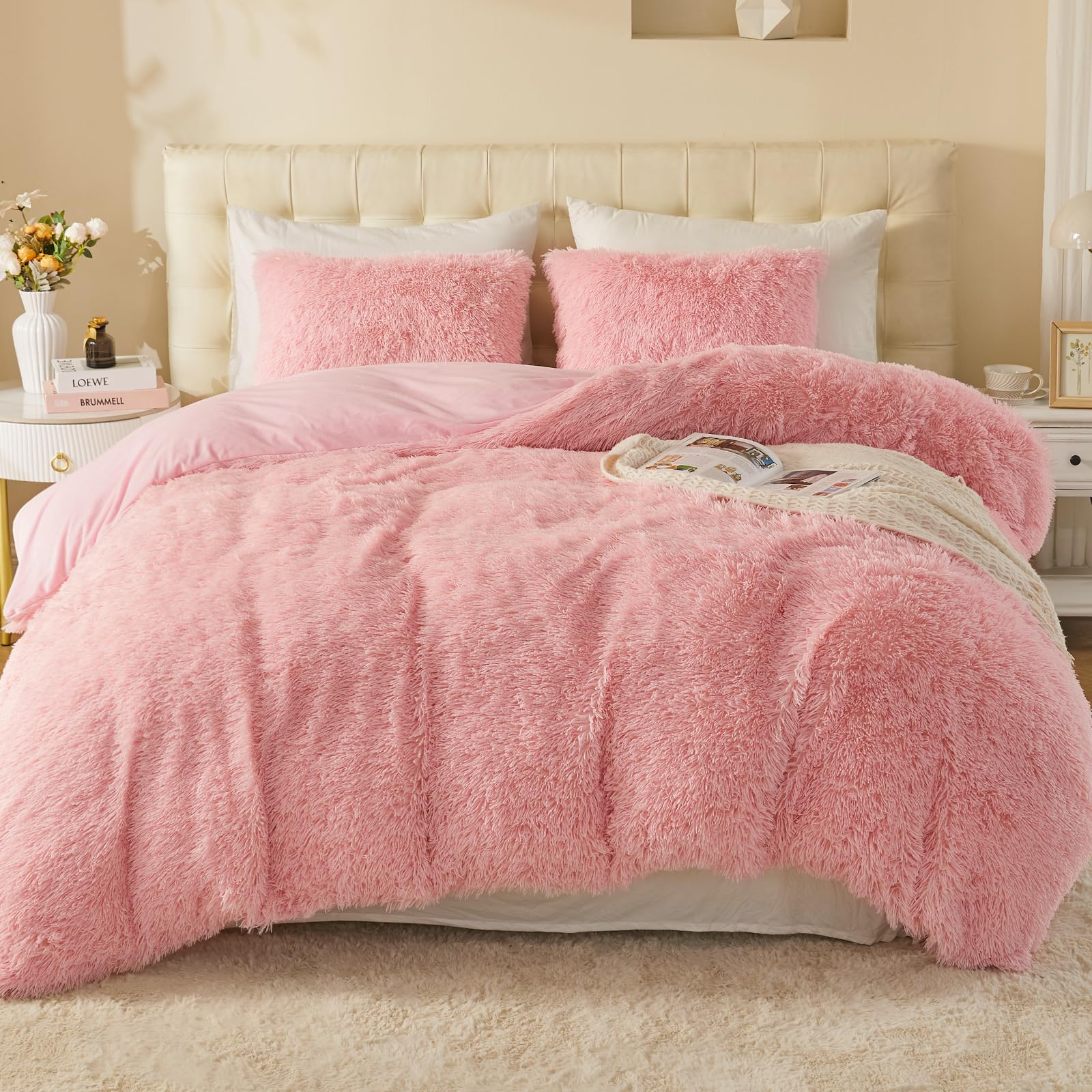 EMME Pluche beddengoedset, 200 x 200 cm, winterbeddengoed van imitatiekonijnenbont, als een zachte omarming, warm dekbedovertrek met ritssluiting en 2 kussenslopen met ritssluiting, 80 x 80 cm, wit