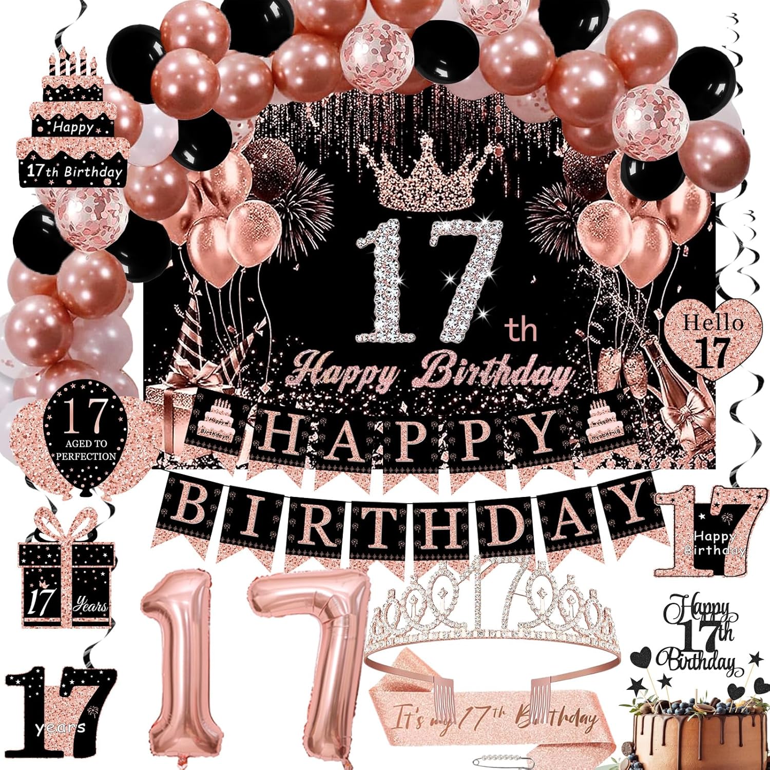 Rose Gold 17th Birthday Decor Kit for Girls - Backdrop, Sparkle Crown Sash, Happy Birthday Banner, Cake Topper, 17 Number Balloons & Swirl Decorations - 70pcs (Rose17)