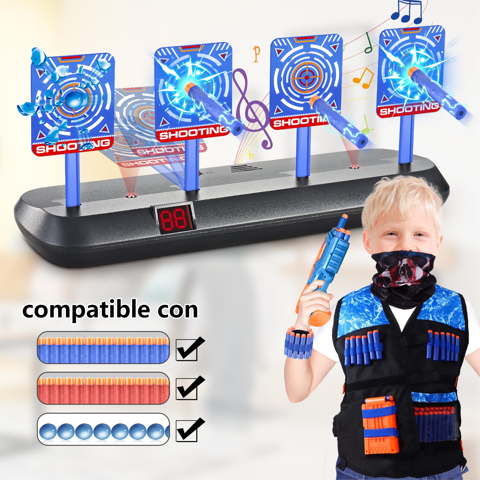 JONRRYIN Diana, Objetivo Digital Electrónico con Restablecimiento Automático, Kit de Chaleco Táctico para Niños con Pistola de Juguete, 70 Recambio Bullet Soft Dardos, Juguetes para Niños