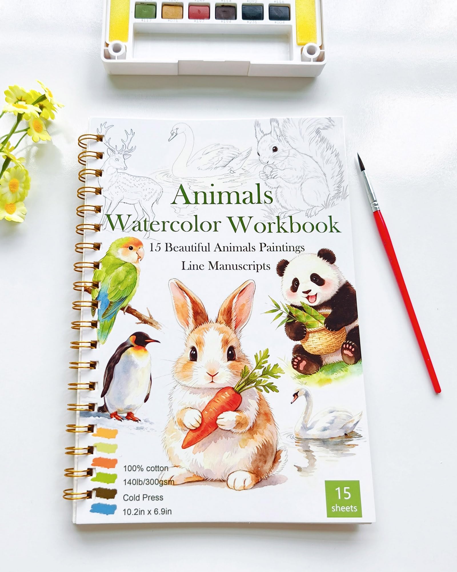 Watercolour Workbook, Water Colouring Book for Adult &Teens Beginners,15 Beautiful Animals Designs 300gsm Cold Press Cotton Watercolour Paper,Perfect Gifts to Spark Creativity Stress Relief(26 x 17cm)