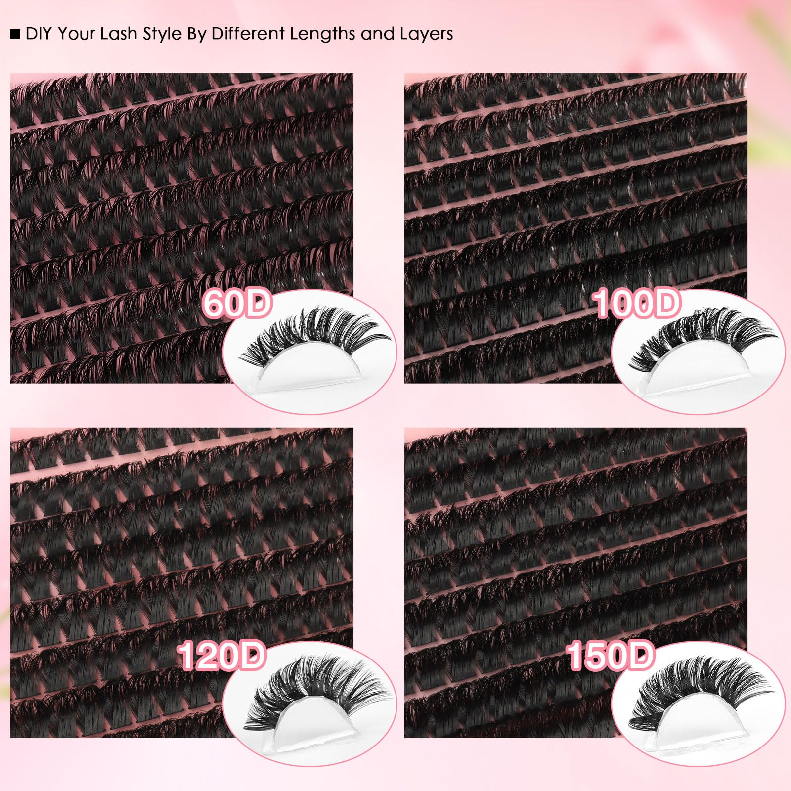Extension Ciglia Ciuffetti, Libro da 544PCS Ciglia Finte a Ciuffi Ricci D, 10-16MM per Volume Intenso e Personalizzato (60D+100D+120D+150D)