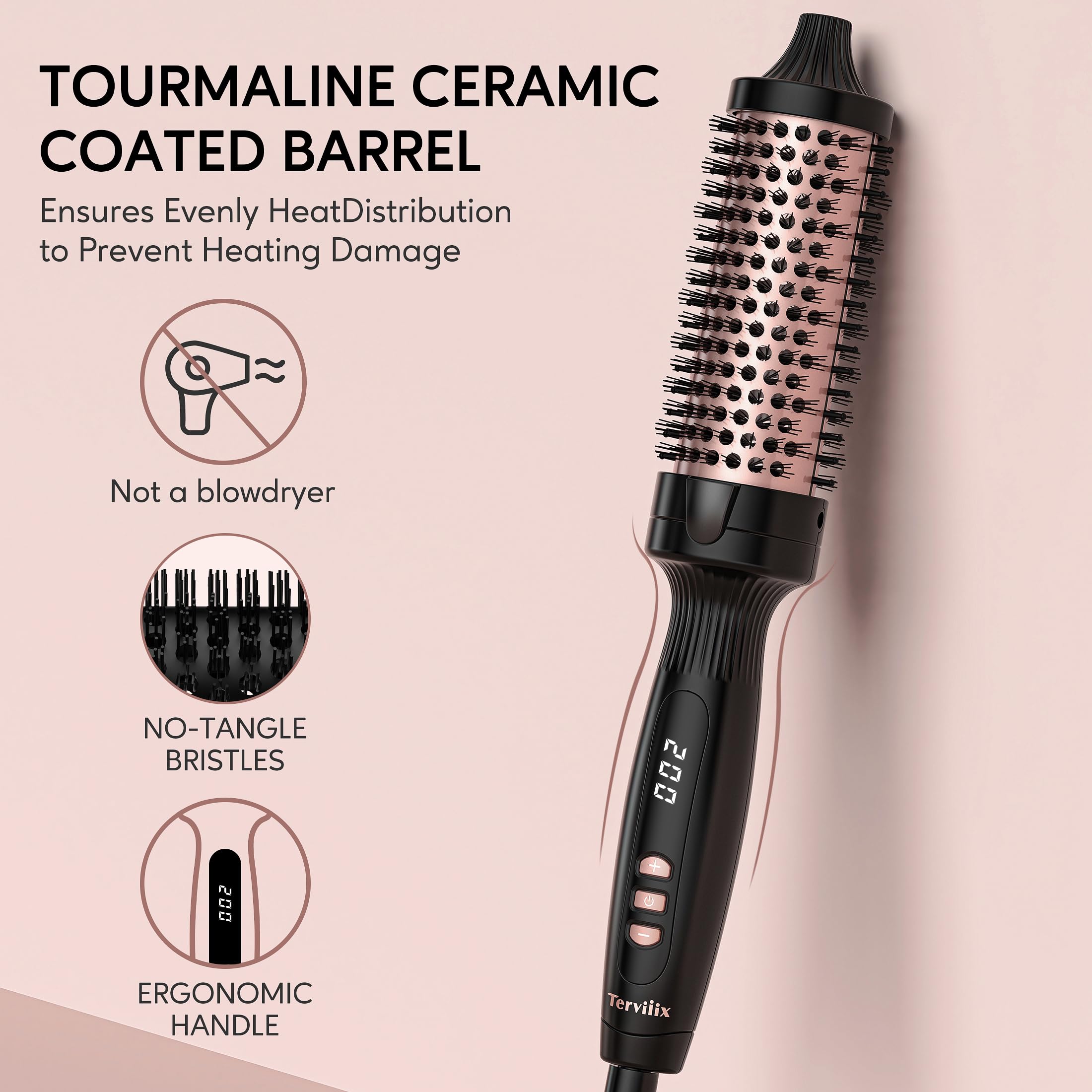 Terviiix Fer à boucler à brosse thermique, 38MM Thermal Brush, Tourmaline céramique ionique, double MCH, affichage digital 5 températures, double voltage