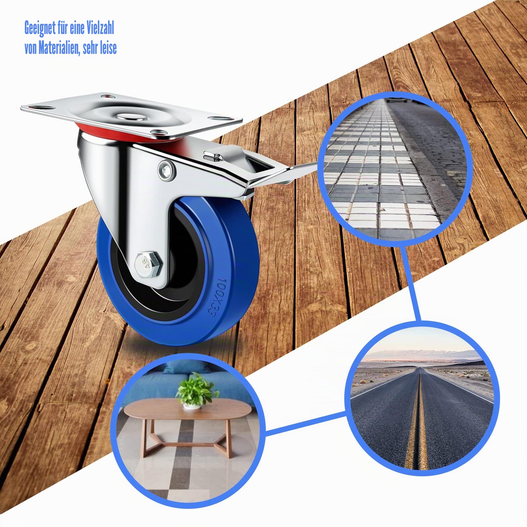 Transportrollen Industrie Schwerlastrollen Lenkrollen mit Bremse Blau Möbelrollen, Miafamily 4X Rollen mit Bremse, 125mm Rollen für Möbel, Tragfähigkeit 300KG