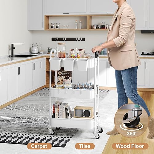Miniatura 6 de Carrito rodante de metal blanco resistente de 3 niveles con ruedas bloqueables, carrito de aperitivos de tres niveles, carritos organizadores de