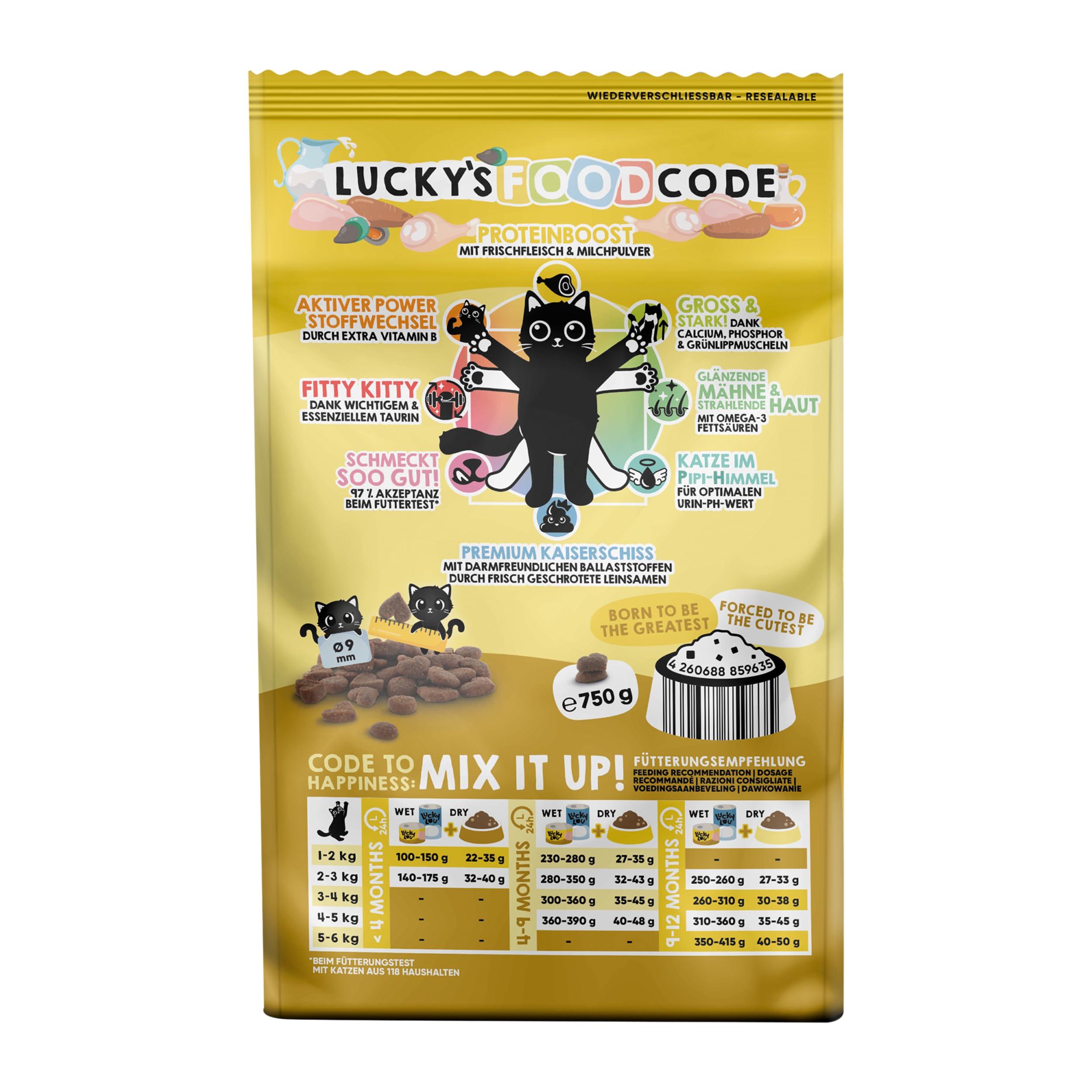 Lucky Lou Kitten Trockenfutter für Junge Katzen - 6 x 750g Geflügel & Huhn - Food Code Katzenfutter trocken für sterilisierte Katzen, ohne Getreide & Zucker