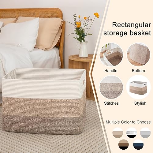 Miniatura 5 de OIAHOMY Cesta grande de cuerda de algodón de 108 litros, cestas tejidas rectangulares para almacenamiento, almacenamiento de mantas de guardería,