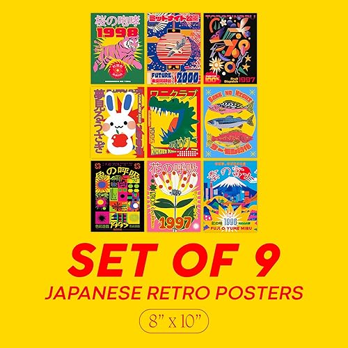 Miniatura 5 de Wallbuddy Juego de 9 pósteres retro de arte pop japonés  Tigres, linternas, conejos, peces, flores, monte Fuji y neón  Impresiones artísticas