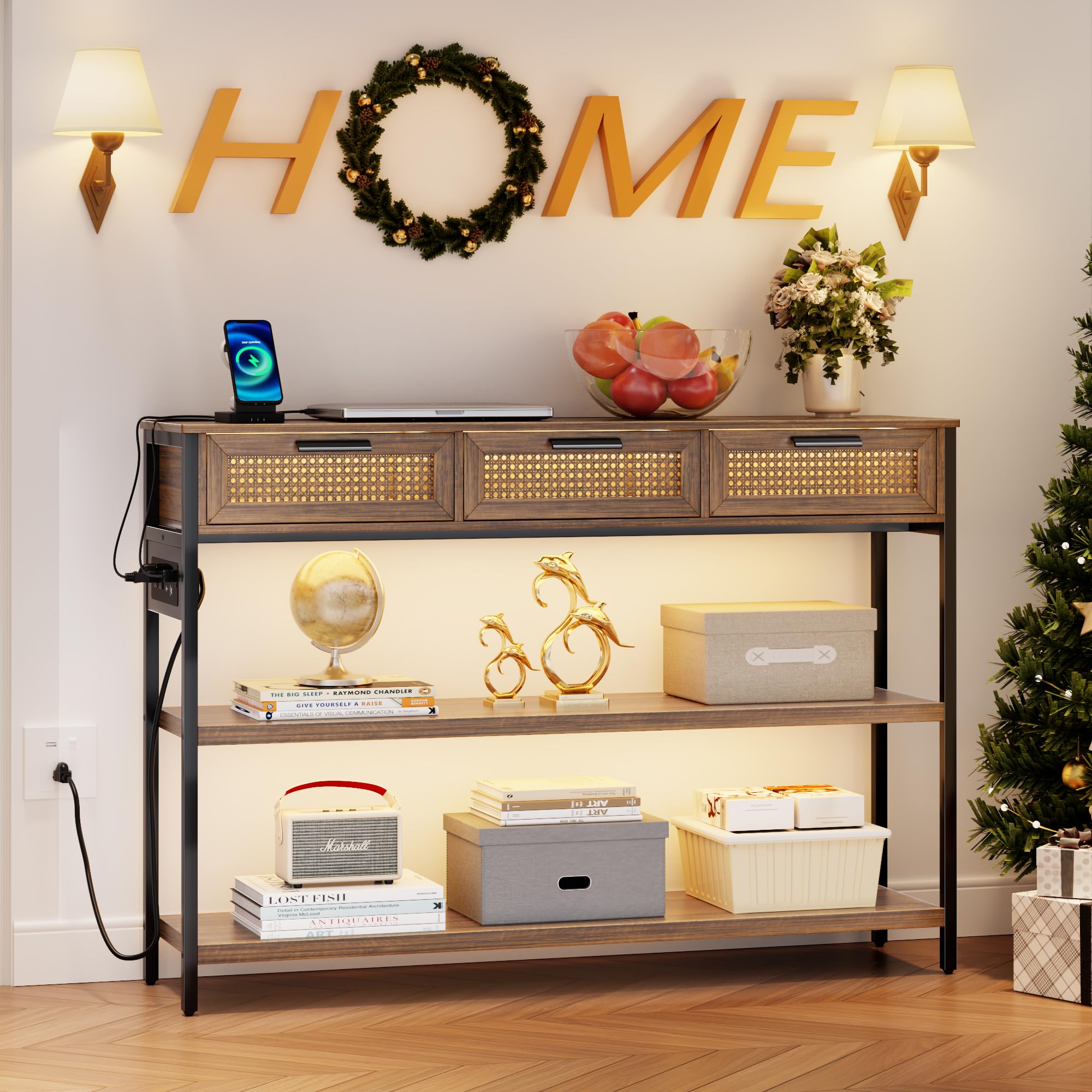 Lvifur Comodino con luce LED, comodino con funzione di ricarica